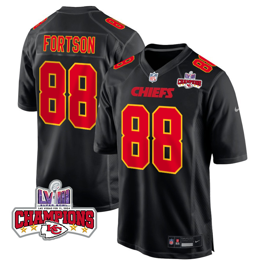 Jody Fortson 88 Kansas City Chiefs Super Bowl LVIII Champions 4 Stars Patch Fashion Game Men Jersey - Carbon Black JS7180 Saliibo