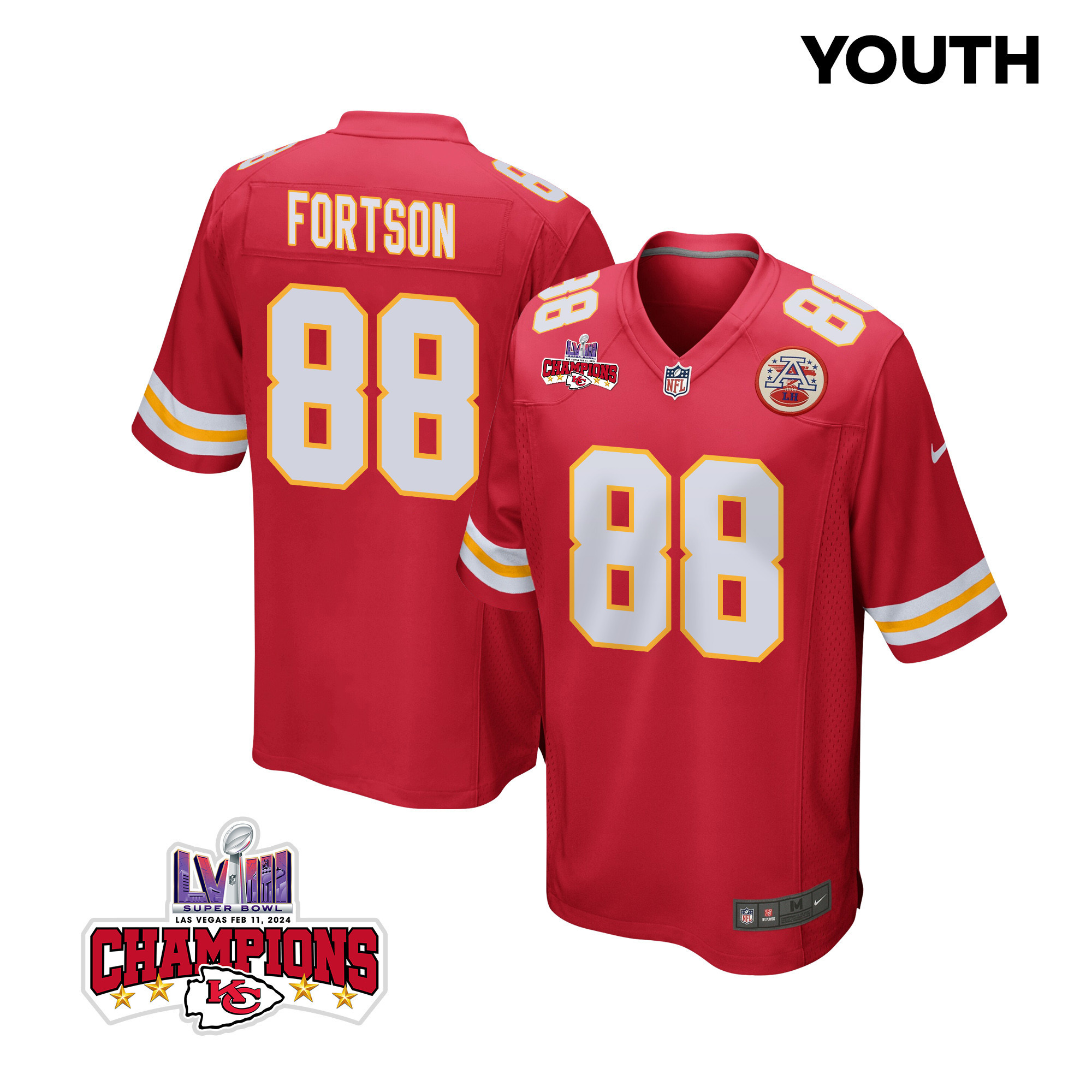 Jody Fortson 88 Kansas City Chiefs Super Bowl LVIII Champions 4 Stars Patch Game YOUTH Jersey - Red JS3597 Saliibo