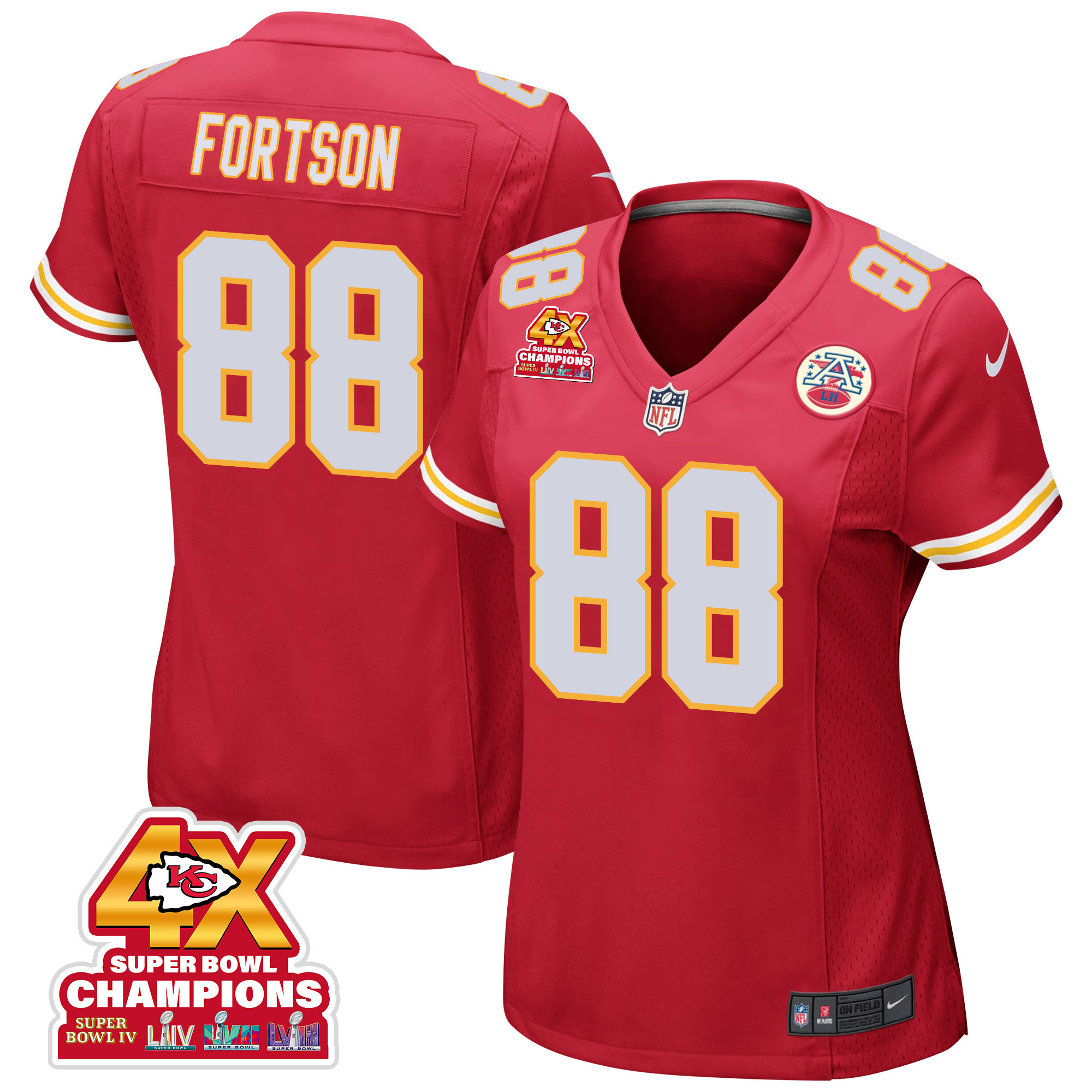 Jody Fortson 88 Kansas City Chiefs Super Bowl LVIII Champions 4X Game Women Jersey - Red JS7442 Saliibo