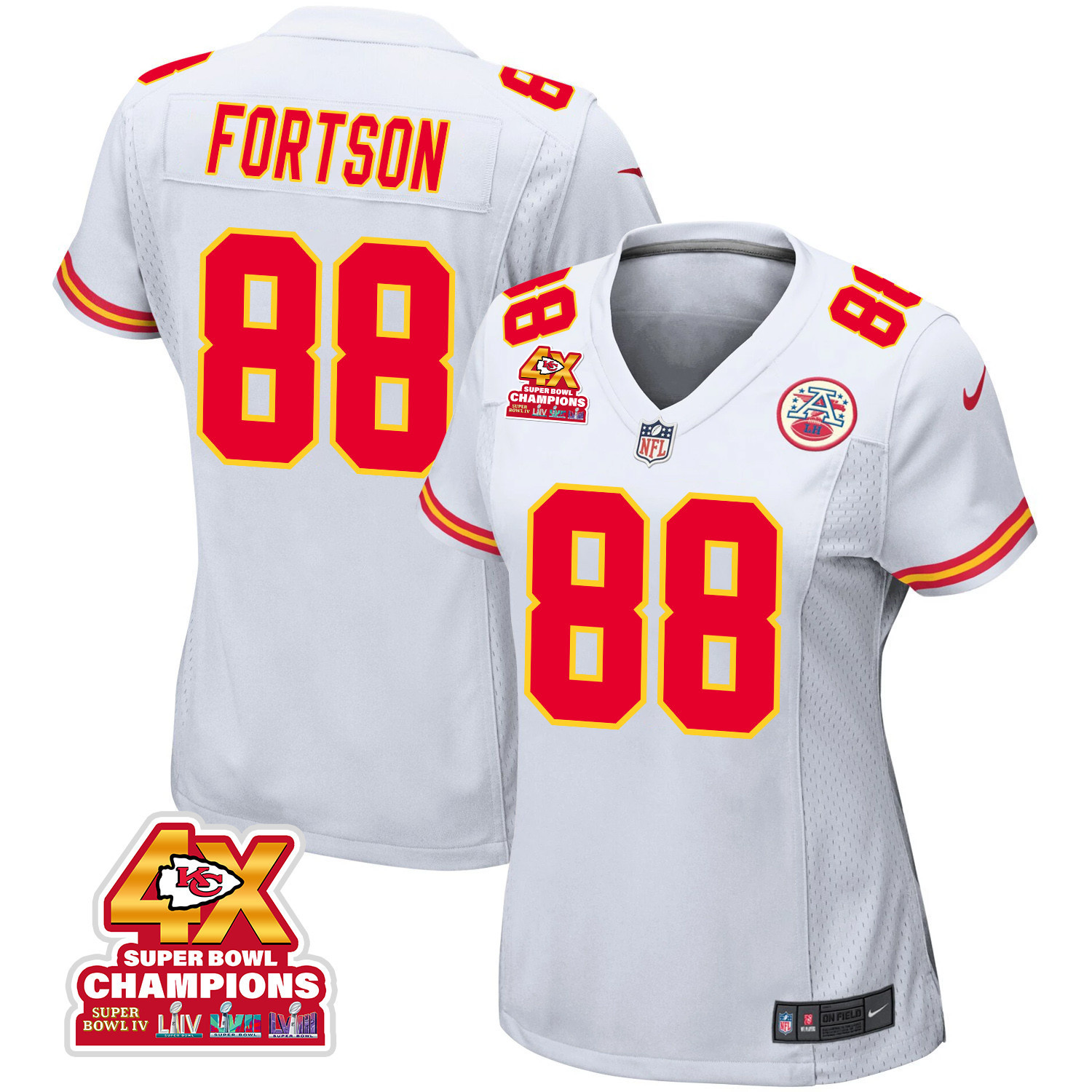 Jody Fortson 88 Kansas City Chiefs Super Bowl LVIII Champions 4X Game Women Jersey - White JS4576 Saliibo