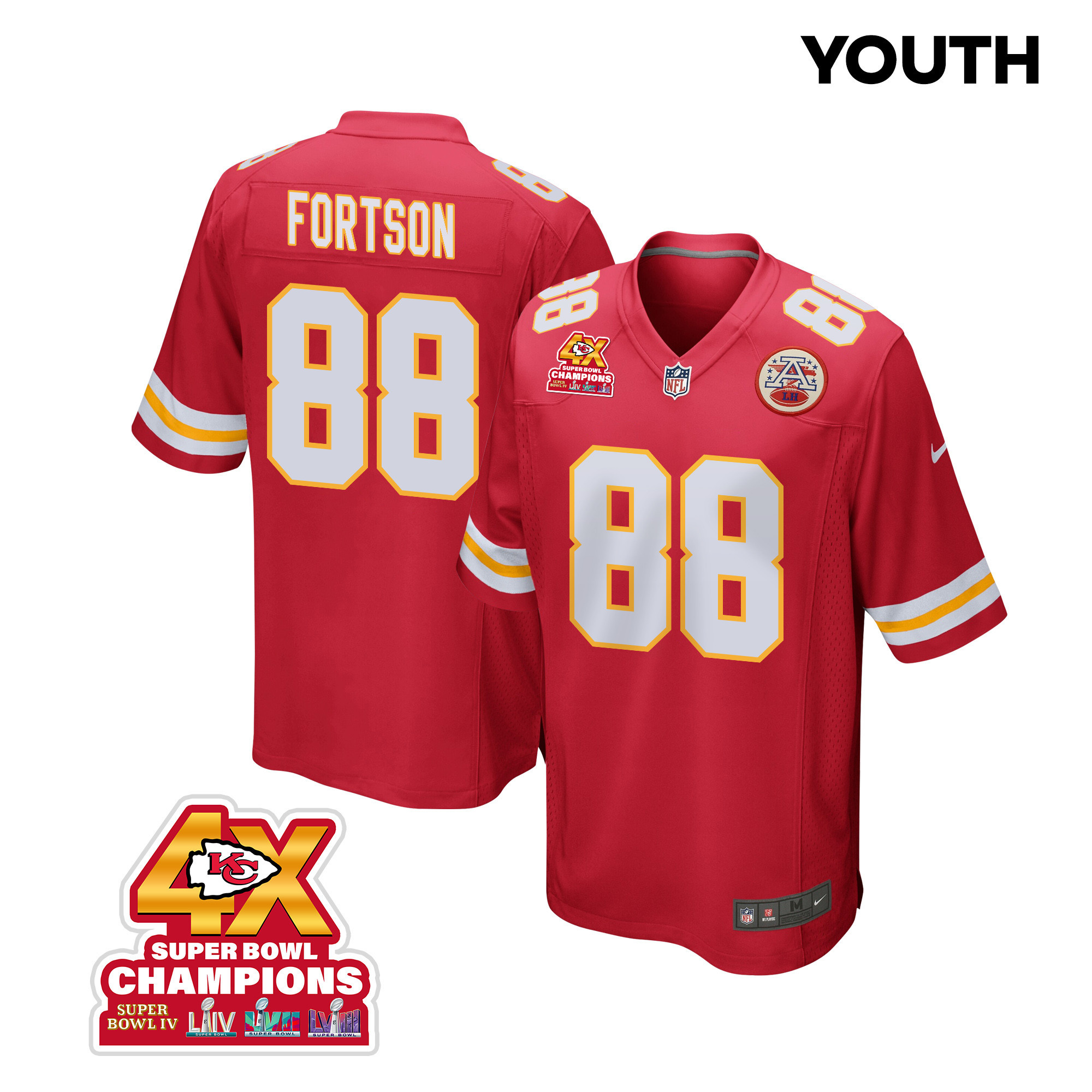 Jody Fortson 88 Kansas City Chiefs Super Bowl LVIII Champions 4X Game YOUTH Jersey - Red JS6102 Saliibo