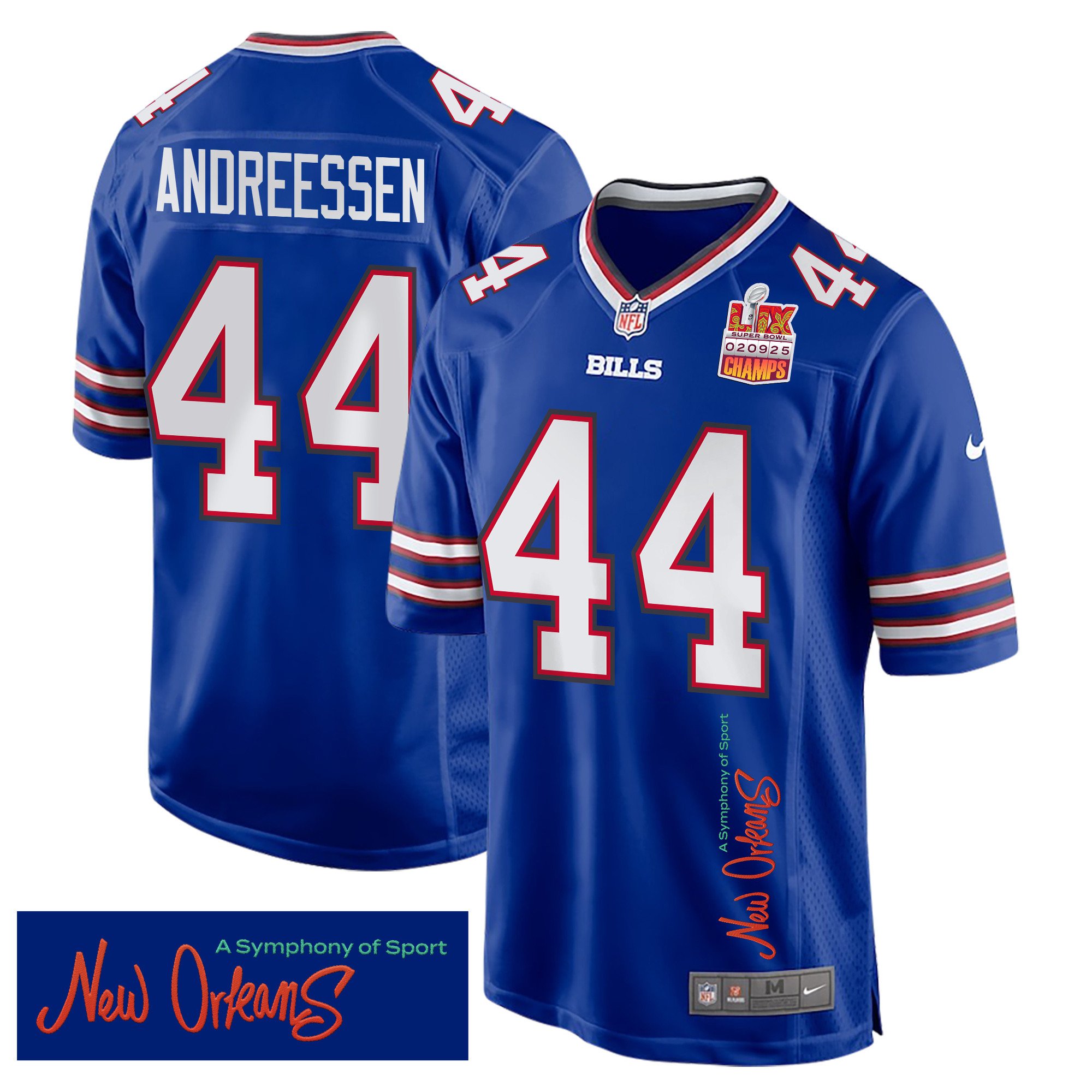 Joe Andreessen 44 Buffalo Bills Super Bowl LIX Champions Patch 'New Orleans - A Symphony of Sport' EMBROIDERED Game Men Jersey - Royal JS4106 Saliibo