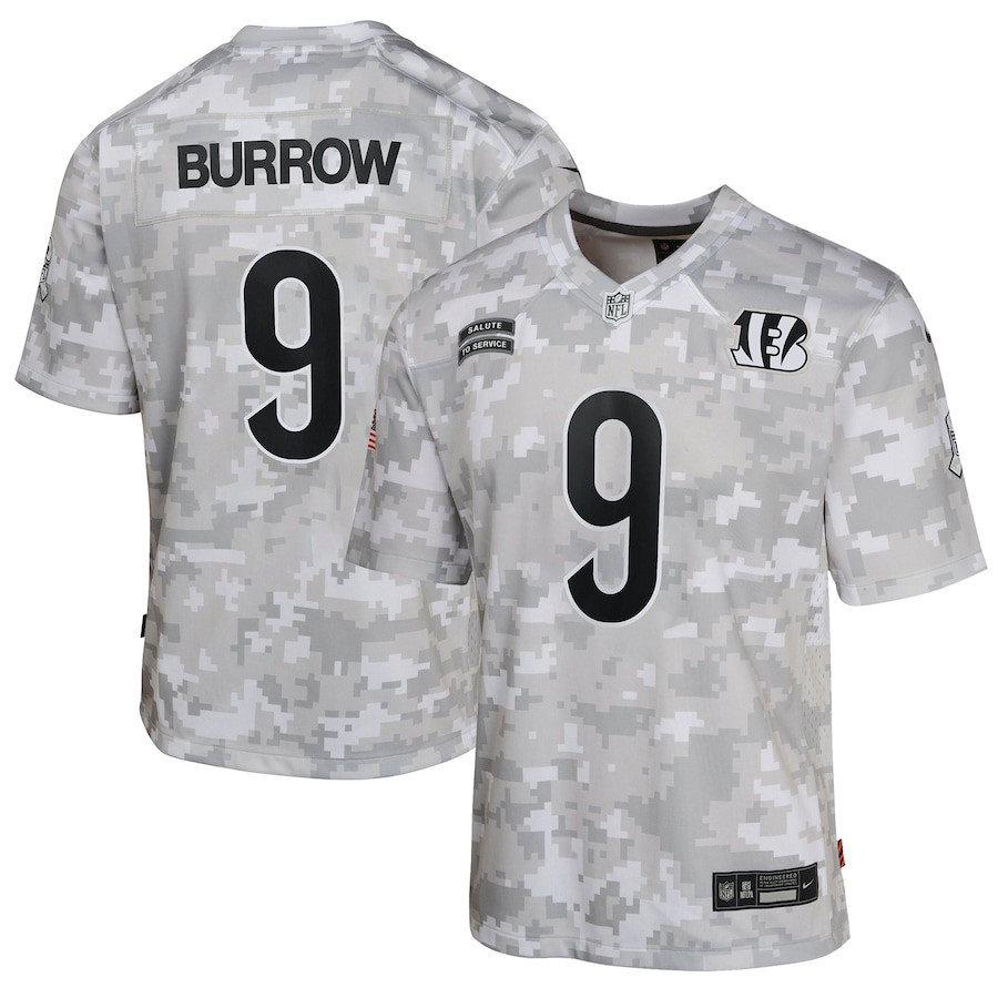Joe Burrow 9 Cincinnati Bengals 2024 Salute to Service Game YOUTH Jersey - Arctic Camo JS3128 Saliibo