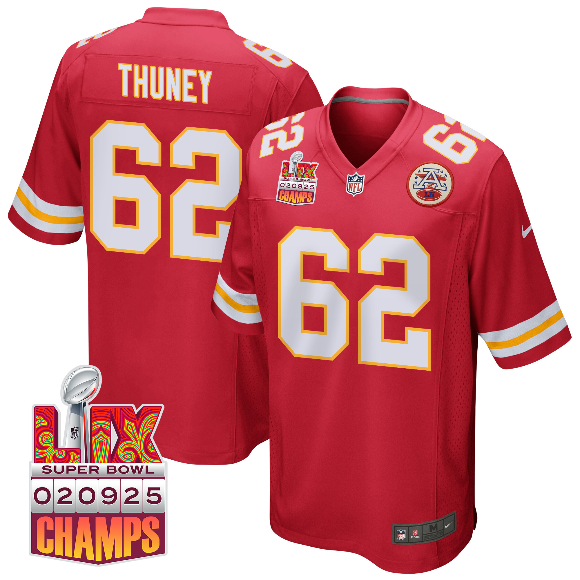 Joe Thuney 62 Kansas City Chiefs Super Bowl LIX Champions Patch Game Men Jersey - Red JS4719 Saliibo