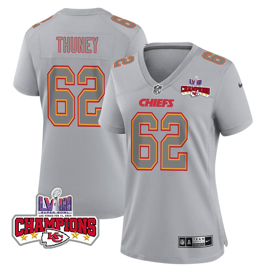 Joe Thuney 62 Kansas City Chiefs Super Bowl LVIII Champions 4 Stars Patch Atmosphere Fashion Game Women Jersey - Gray JS6519 Saliibo