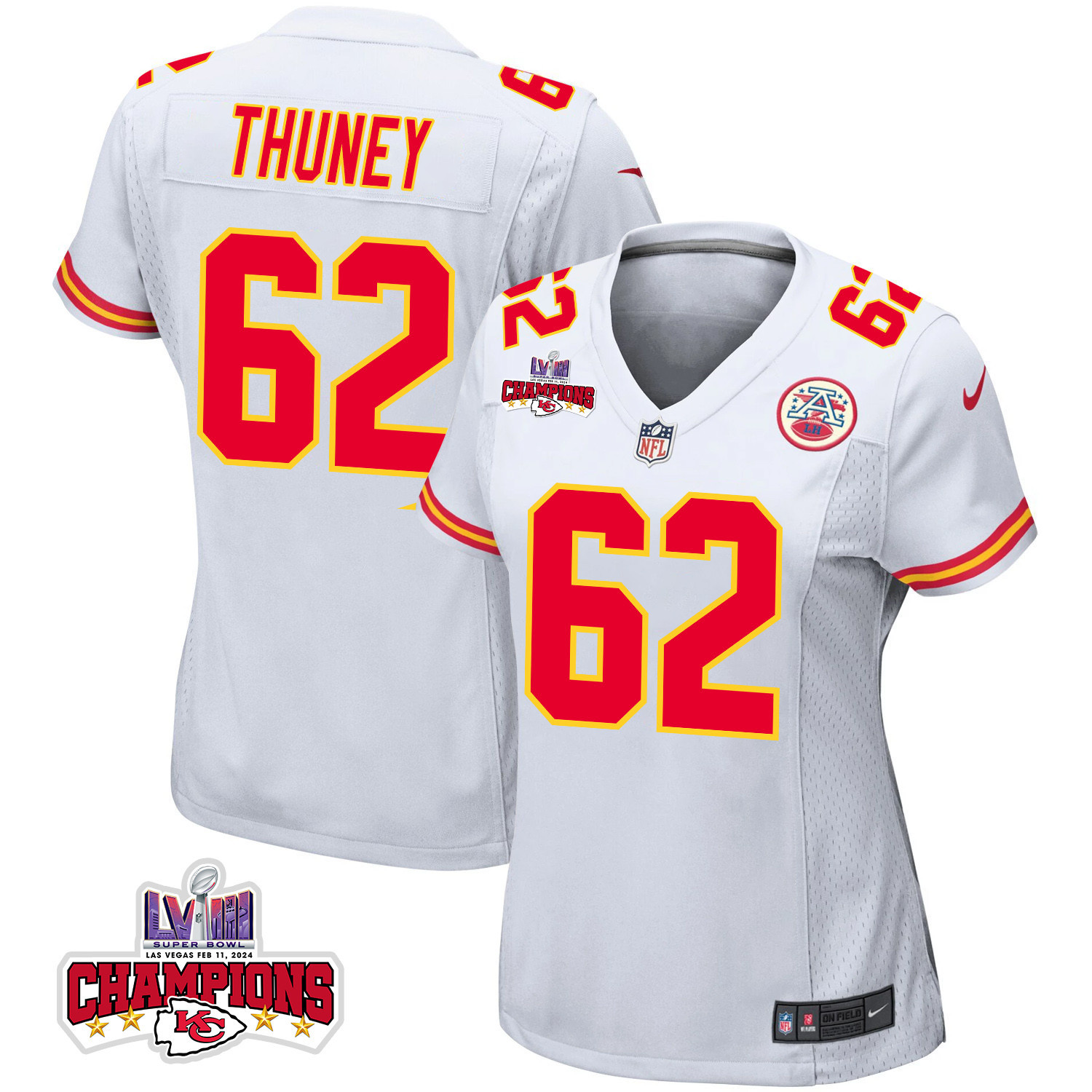 Joe Thuney 62 Kansas City Chiefs Super Bowl LVIII Champions 4 Stars Patch Game Women Jersey - White JS4061 Saliibo