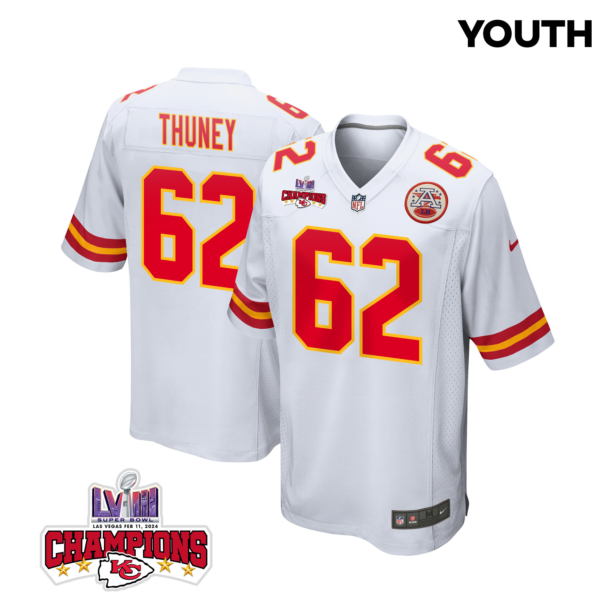 Joe Thuney 62 Kansas City Chiefs Super Bowl LVIII Champions 4 Stars Patch Game YOUTH Jersey - White JS5703 Saliibo
