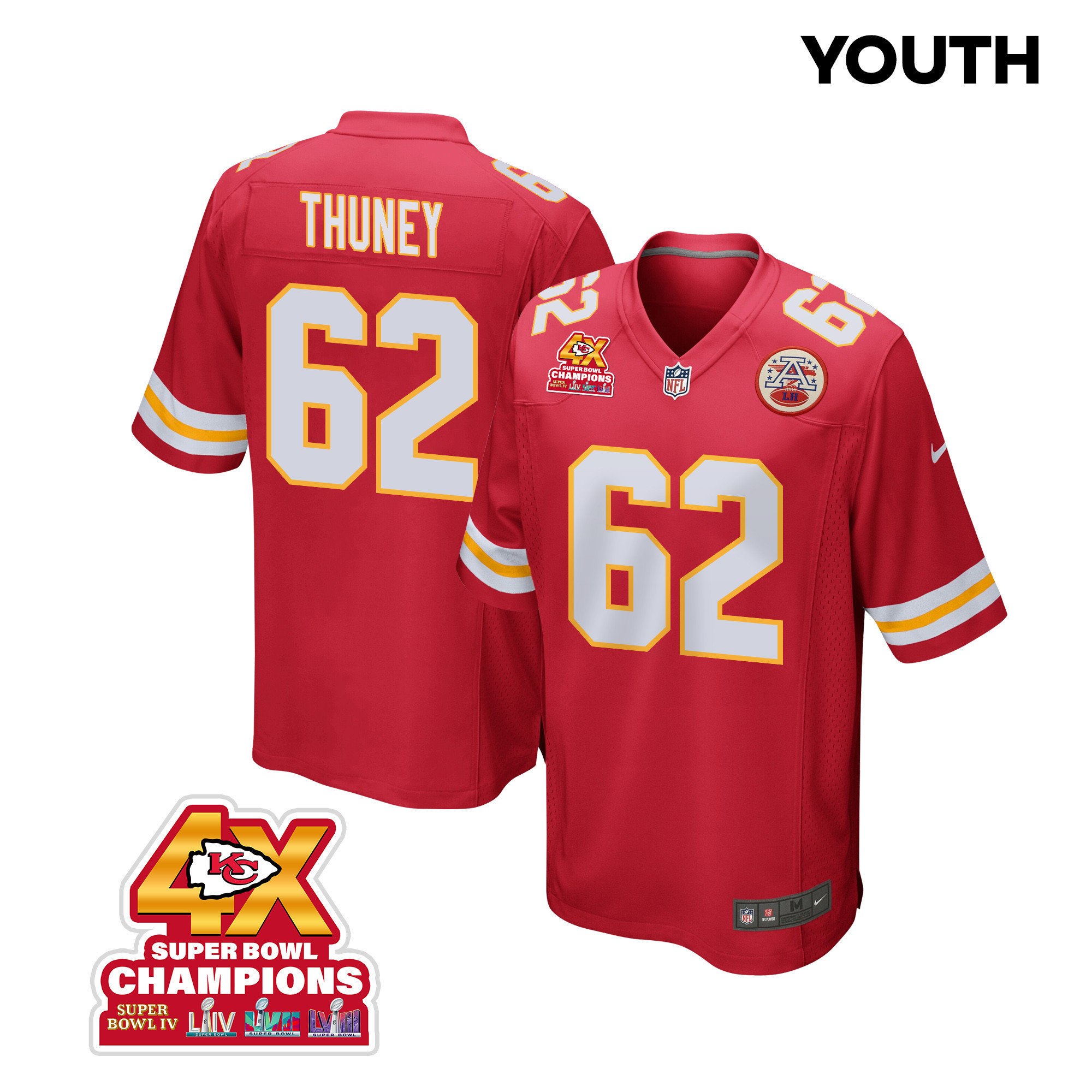 Joe Thuney 62 Kansas City Chiefs Super Bowl LVIII Champions 4X Game YOUTH Jersey - Red JS7767 Saliibo