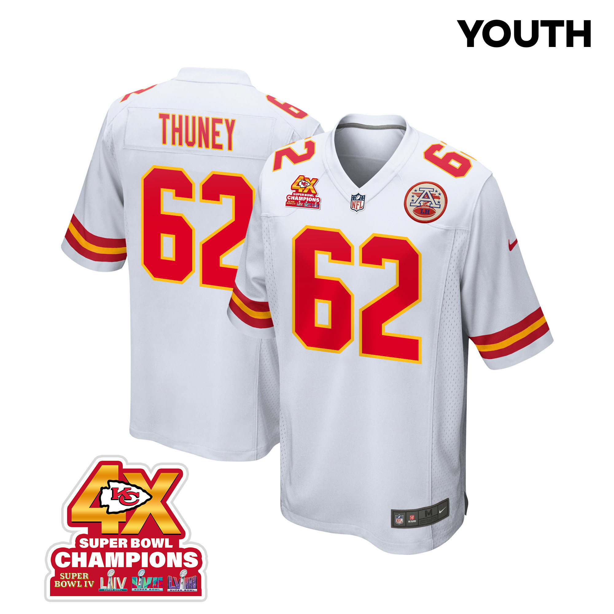 Joe Thuney 62 Kansas City Chiefs Super Bowl LVIII Champions 4X Game YOUTH Jersey - White JS3922 Saliibo