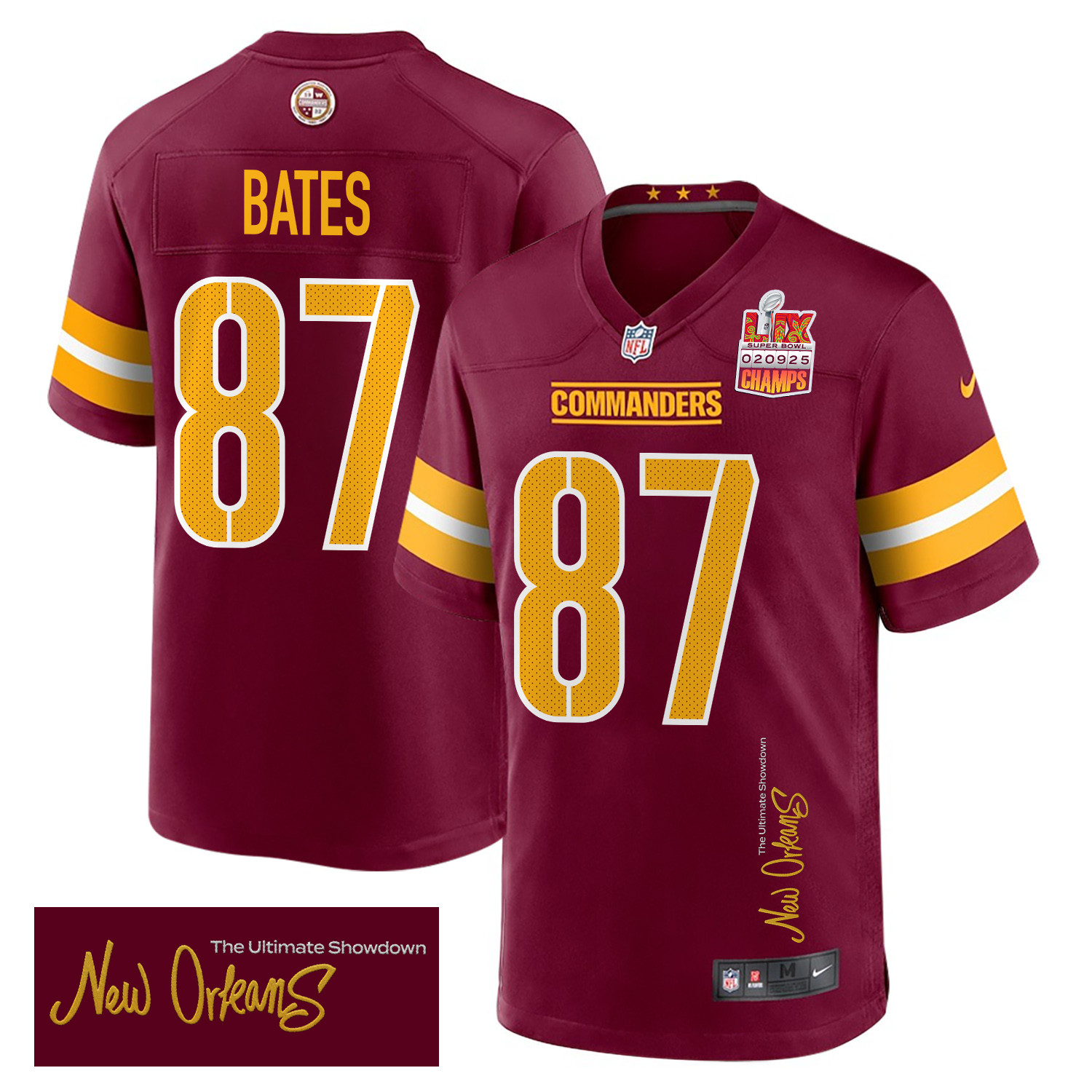 John Bates 87 Washington Commanders Super Bowl LIX Champions Patch 'New Orleans - The Ultimate Showdown' EMBROIDERED Game Men Jersey - Burgundy JS4016 Saliibo