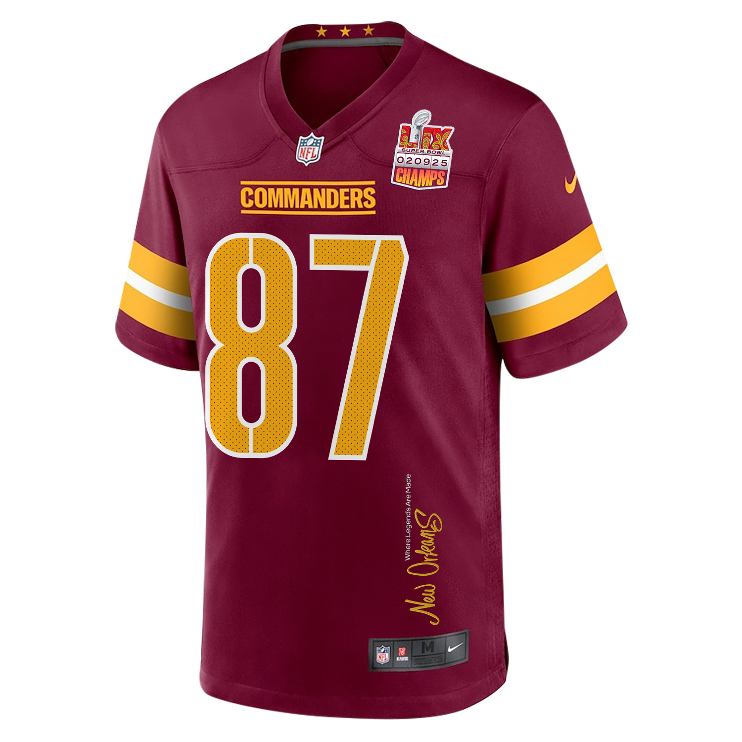 John Bates 87 Washington Commanders Super Bowl LIX Champions Patch 'New Orleans - Where Legends Are Made' EMBROIDERED Game Men Jersey - Burgundy JS1518 Saliibo - Image 3
