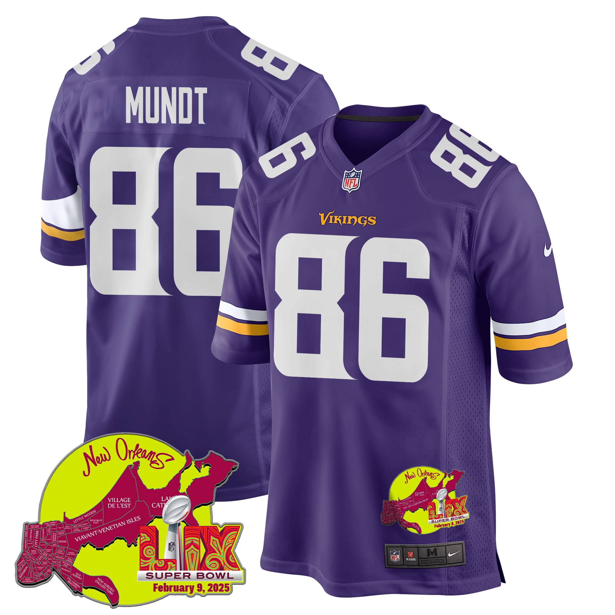 Johnny Mundt 86 Minnesota Vikings Super Bowl LIX New Orleans Patch Game Men Jersey - Purple JS9271 Saliibo