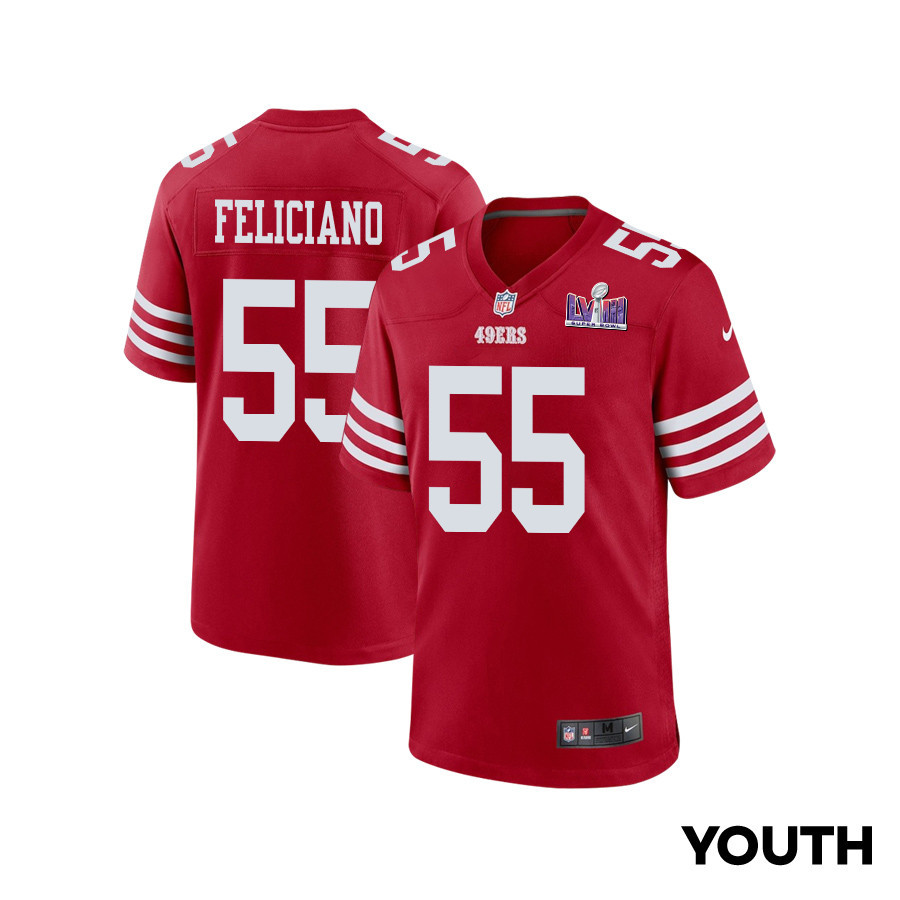 Jon Feliciano 55 San Francisco 49ers Super Bowl LVIII Patch Game YOUTH Jersey - Scarlet JS3191 Saliibo