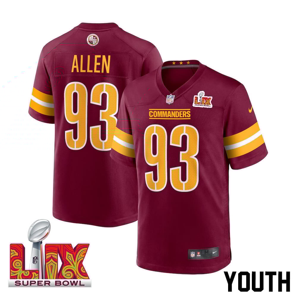 Jonathan Allen #93 Washington Commanders Super Bowl LIX Youth Jersey - Burgundy JS9806 Saliibo