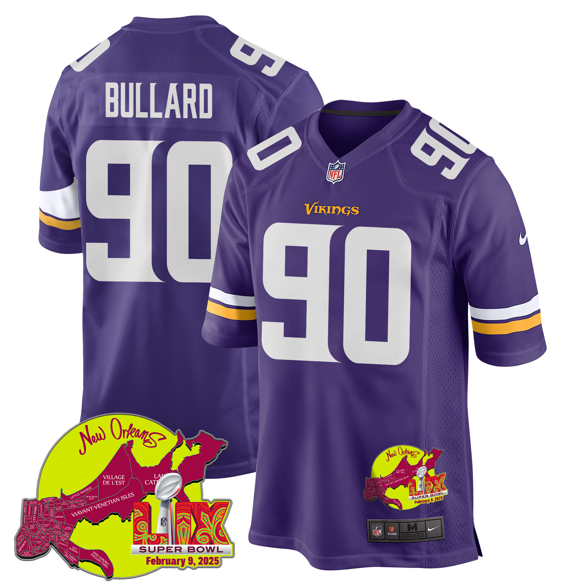Jonathan Bullard 90 Minnesota Vikings Super Bowl LIX New Orleans Patch Game Men Jersey - Purple JS7823 Saliibo