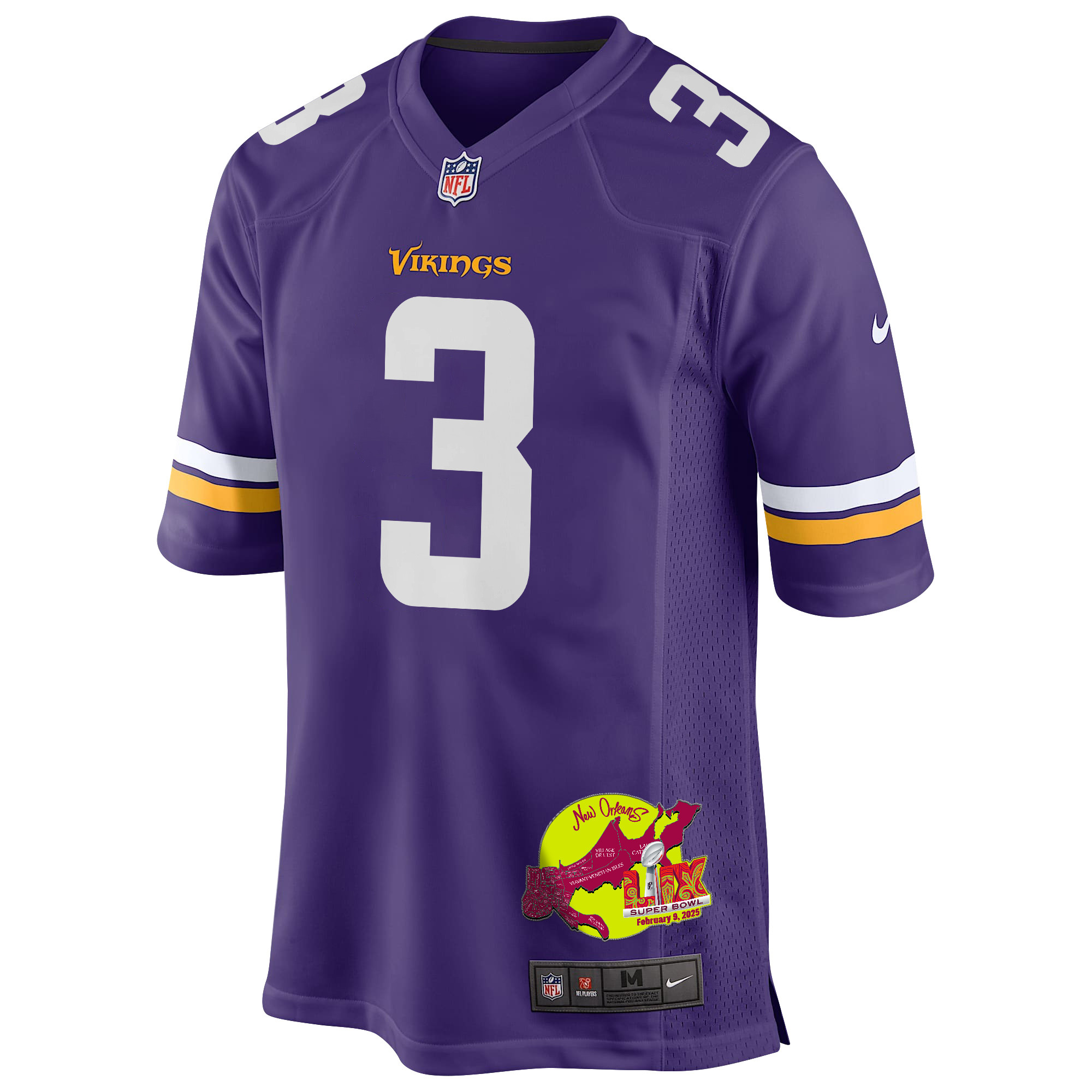 Jordan Addison 3 Minnesota Vikings Super Bowl LIX New Orleans Patch Game Men Jersey - Purple JS9471 Saliibo - Image 3