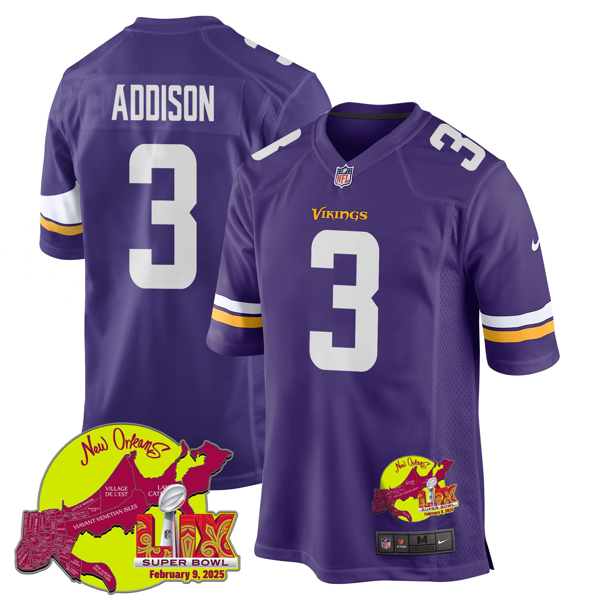 Jordan Addison 3 Minnesota Vikings Super Bowl LIX New Orleans Patch Game Men Jersey - Purple JS9471 Saliibo