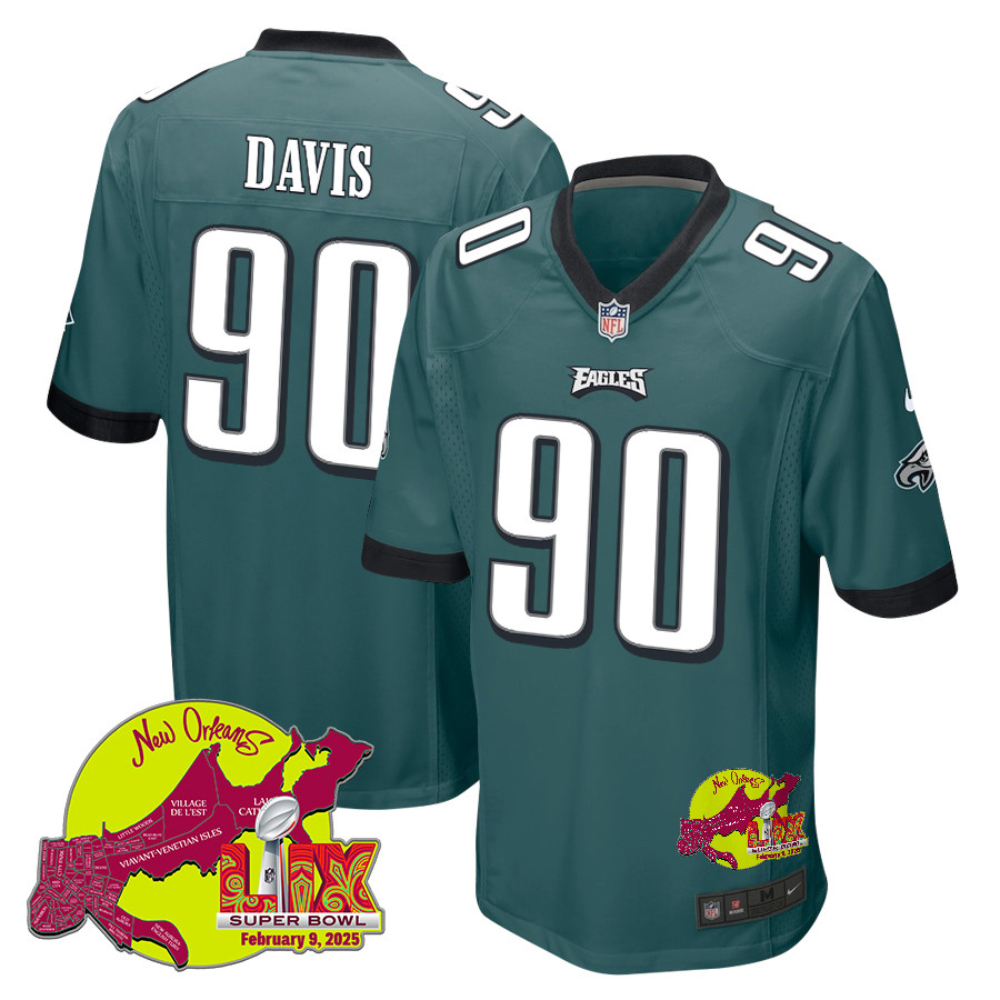 Jordan Davis 90 Philadelphia Eagles Super Bowl LIX New Orleans Patch Game Men Jersey - Midnight Green JS7772 Saliibo