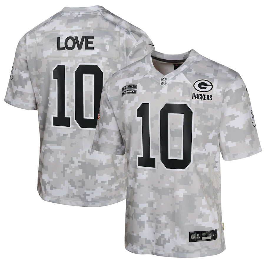 Jordan Love 10 Green Bay Packers 2024 Salute to Service Game YOUTH Jersey - Arctic Camo JS3375 Saliibo