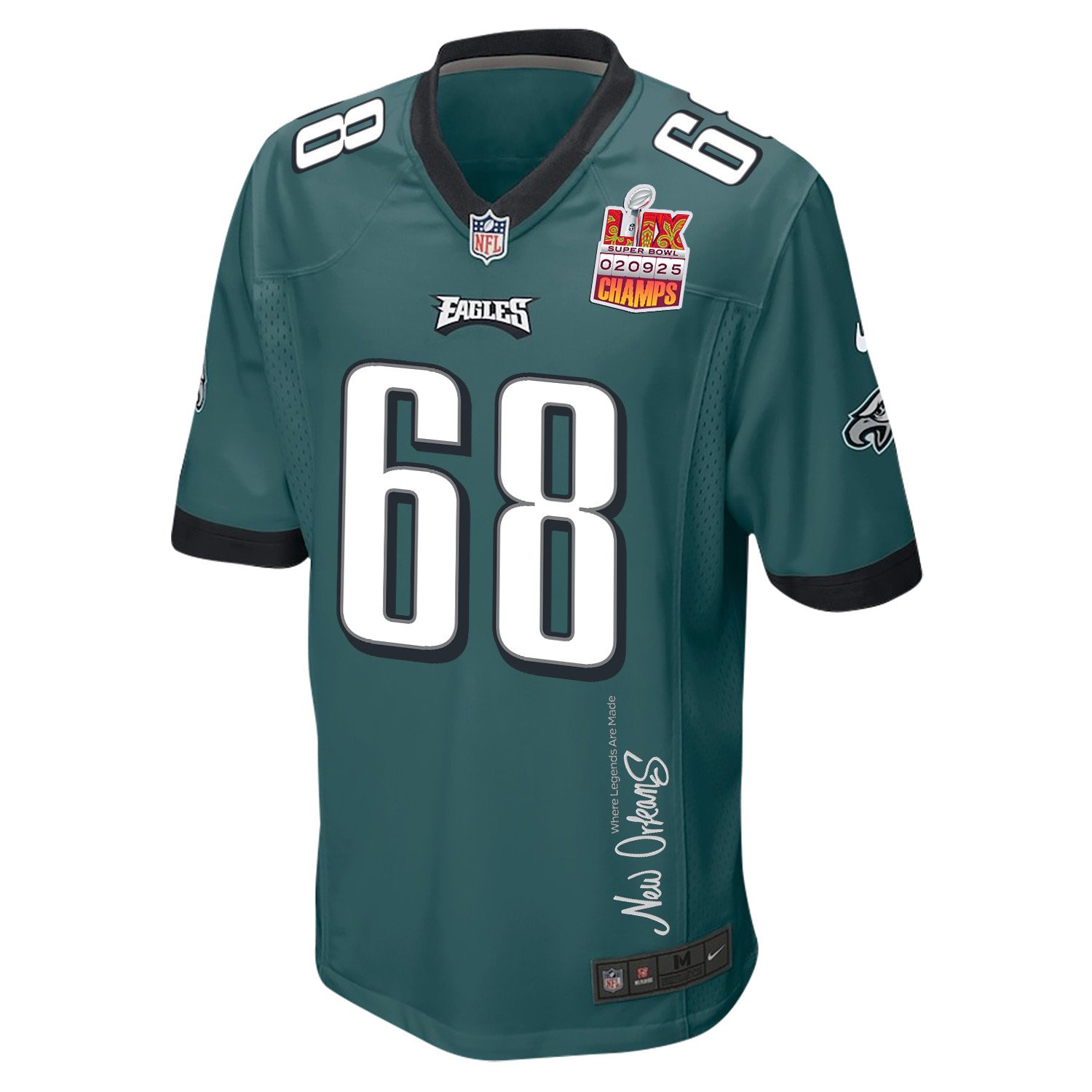 Jordan Mailata 68 Philadelphia Eagles Super Bowl LIX Champions Patch 'New Orleans - Where Legends Are Made' EMBROIDERED Game Men Jersey - Midnight Green JS4301 Saliibo - Image 3