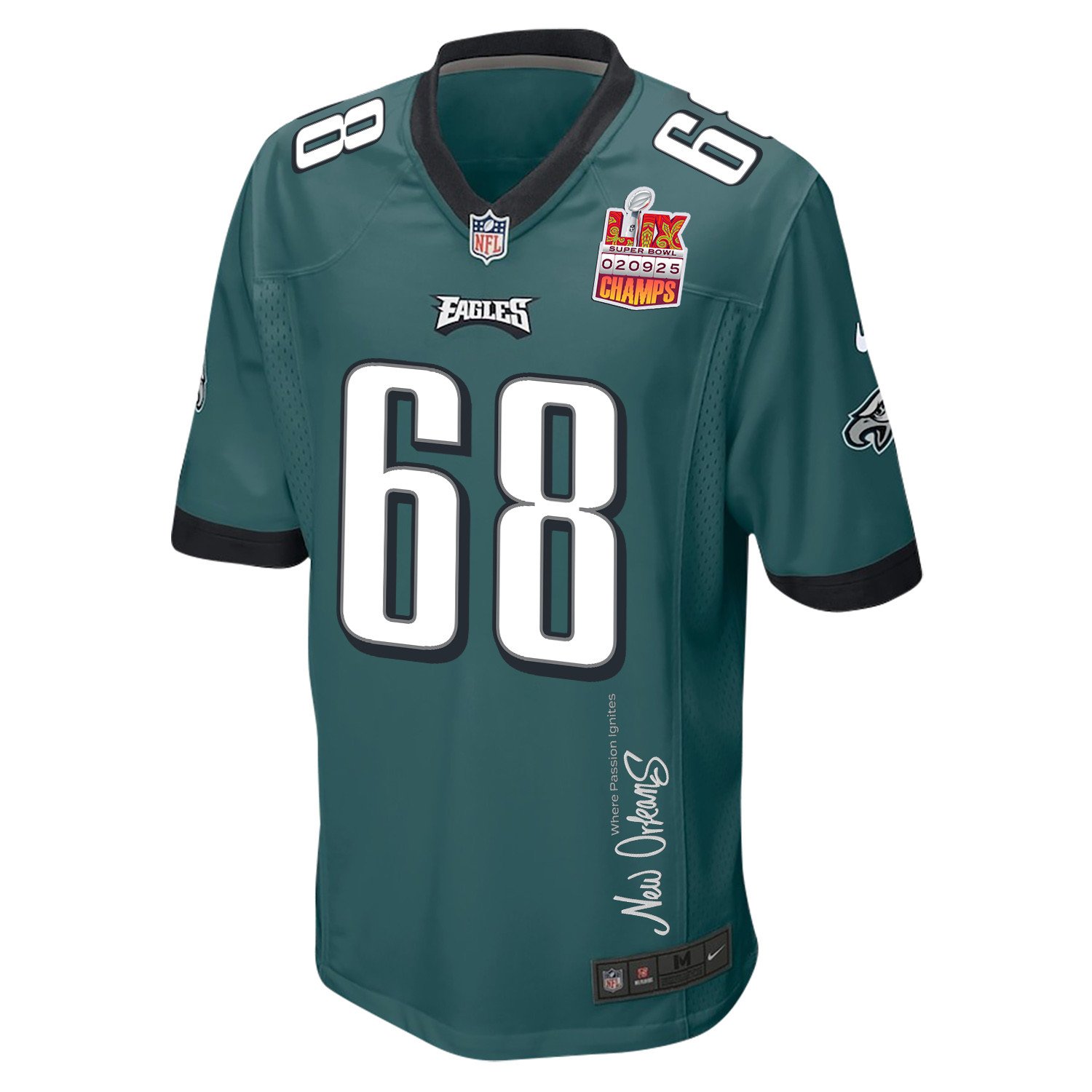 Jordan Mailata 68 Philadelphia Eagles Super Bowl LIX Champions Patch 'New Orleans - Where Passion Ignites' EMBROIDERED Game Men Jersey - Midnight Green JS1759 Saliibo - Image 3