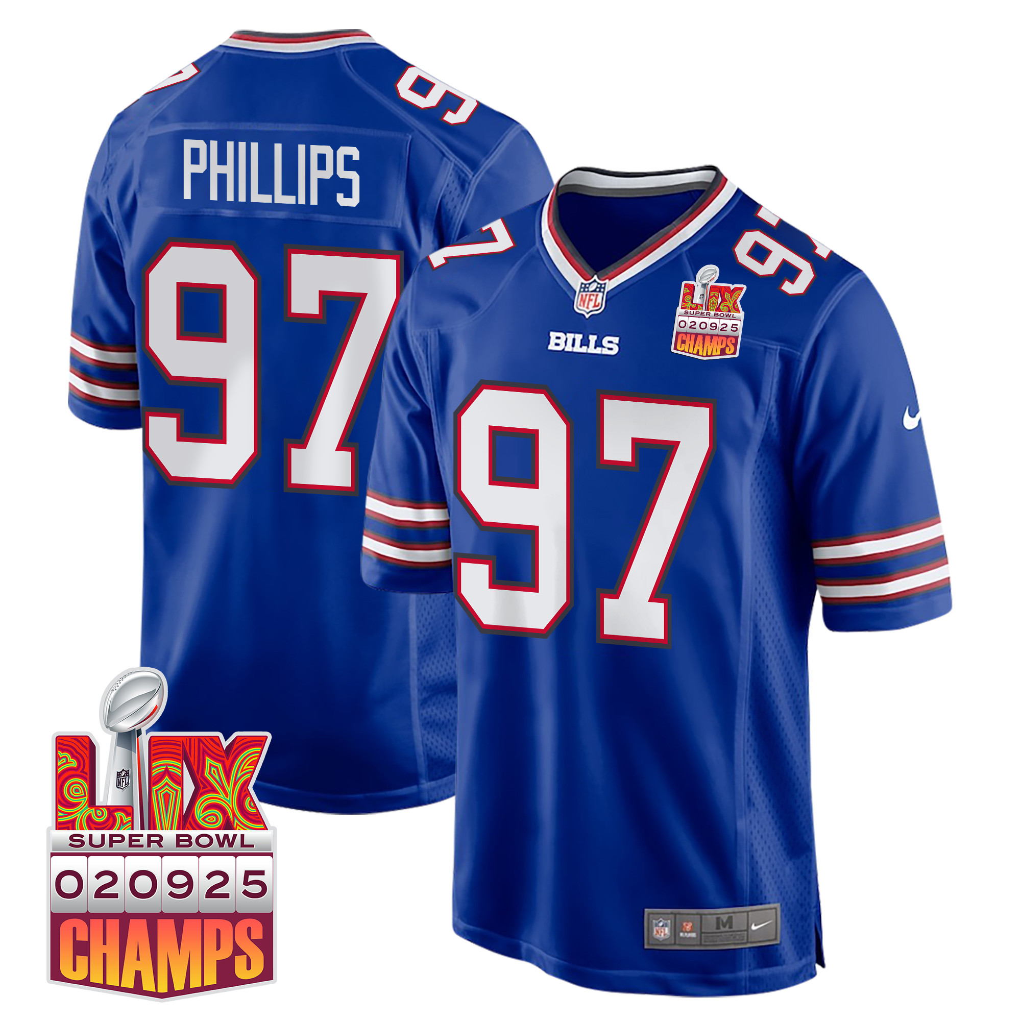 Jordan Phillips 97 Buffalo Bills Super Bowl LIX Champions Patch Game Men Jersey - Royal JS1712 Saliibo