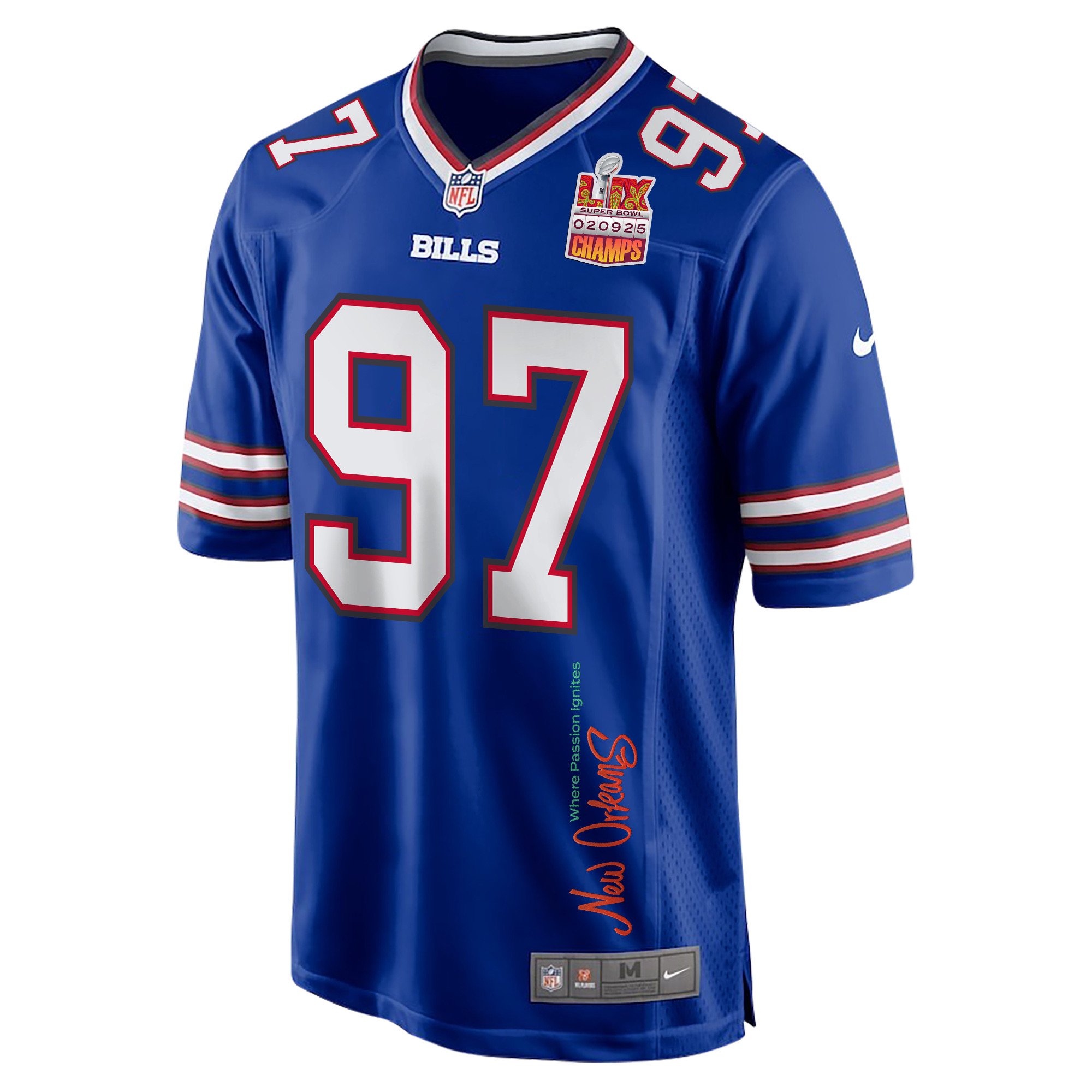 Jordan Phillips 97 Buffalo Bills Super Bowl LIX Champions Patch 'New Orleans - Where Passion Ignites' EMBROIDERED Game Men Jersey - Royal JS9544 Saliibo - Image 3