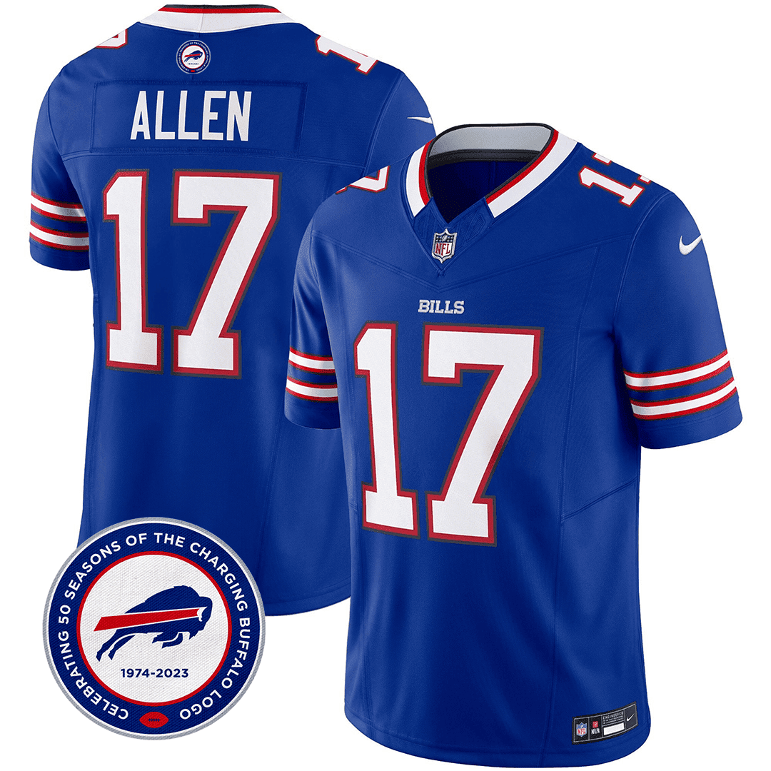 Josh Allen 17 Buffalo Bills 50th Charging Logo Patch Game Men Jersey - Royal JS4695 Saliibo