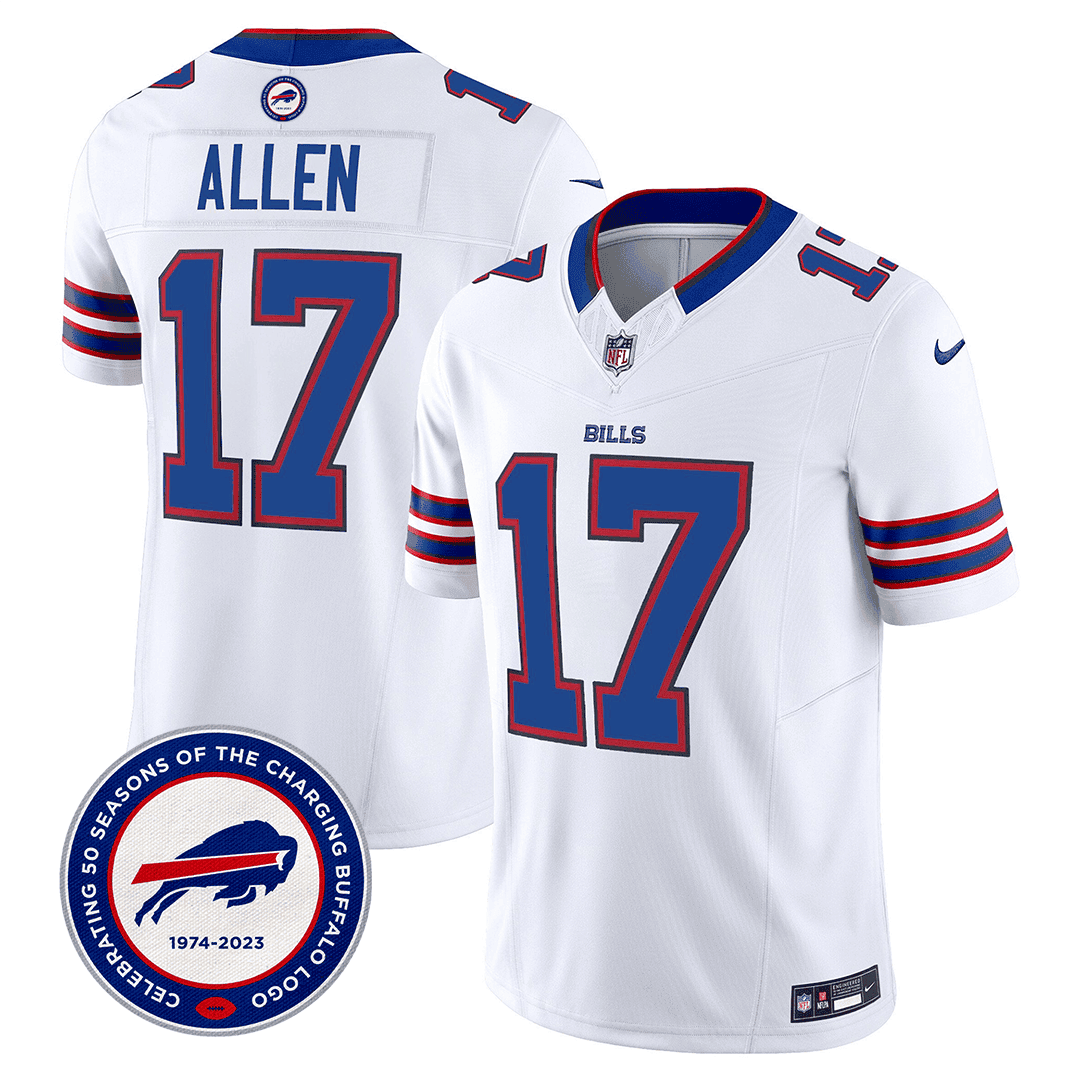 Josh Allen 17 Buffalo Bills 50th Charging Logo Patch Game Men Jersey - White JS3632 Saliibo