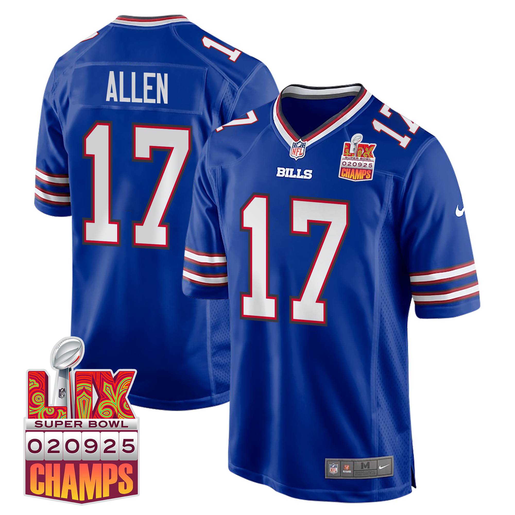 Josh Allen 17 Buffalo Bills Super Bowl LIX Champions Patch Game Men Jersey - Royal JS3877 Saliibo