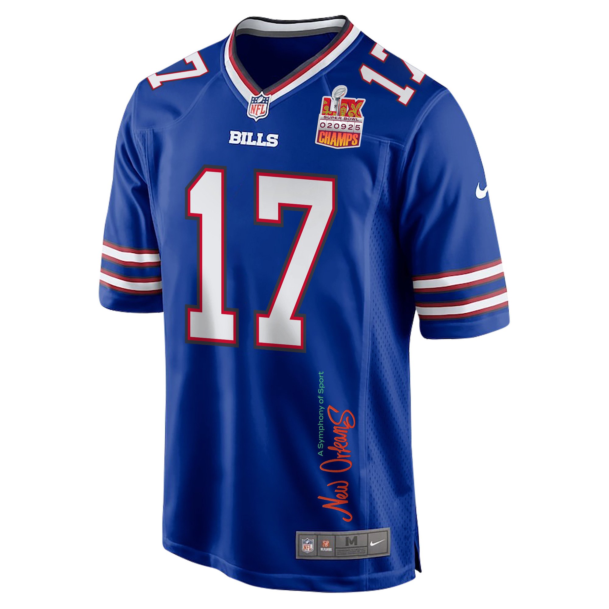 Josh Allen 17 Buffalo Bills Super Bowl LIX Champions Patch 'New Orleans - A Symphony of Sport' EMBROIDERED Game Men Jersey - Royal JS2975 Saliibo - Image 3
