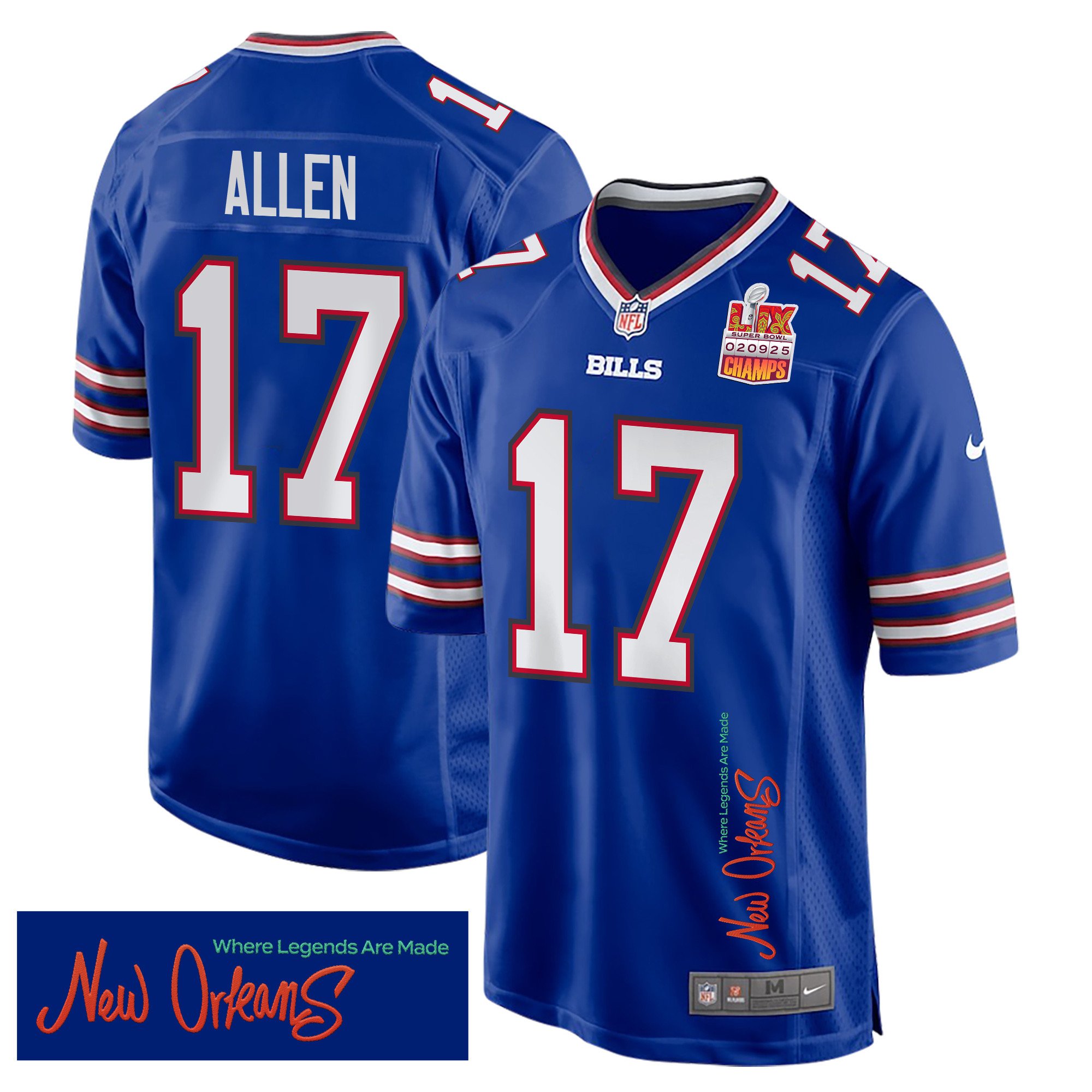 Josh Allen 17 Buffalo Bills Super Bowl LIX Champions Patch 'New Orleans - Where Legends Are Made' EMBROIDERED Game Men Jersey - Royal JS3633 Saliibo