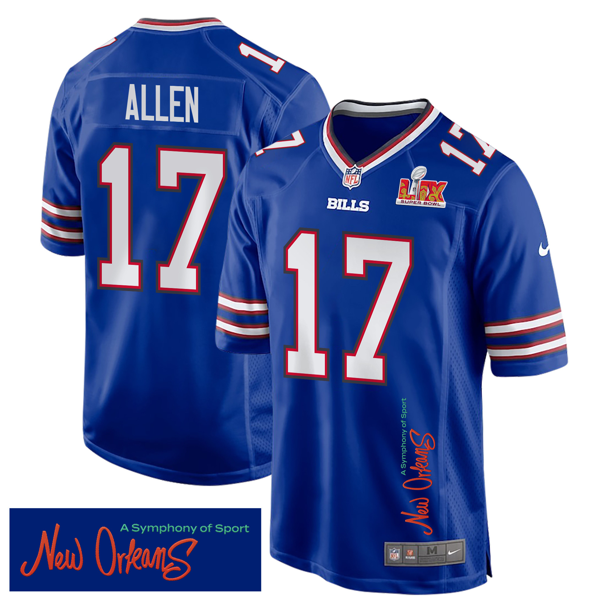 Josh Allen 17 Buffalo Bills Super Bowl LIX 'New Orleans - A Symphony of Sport' EMBROIDERED Game Men Jersey - Royal JS7412 Saliibo