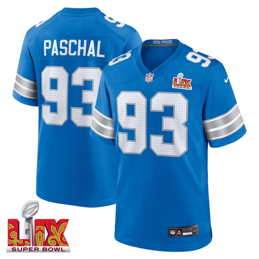 Josh Paschal #93 Detroit Lions Super Bowl LIX Jersey - Men's - Blue JS2442 Saliibo