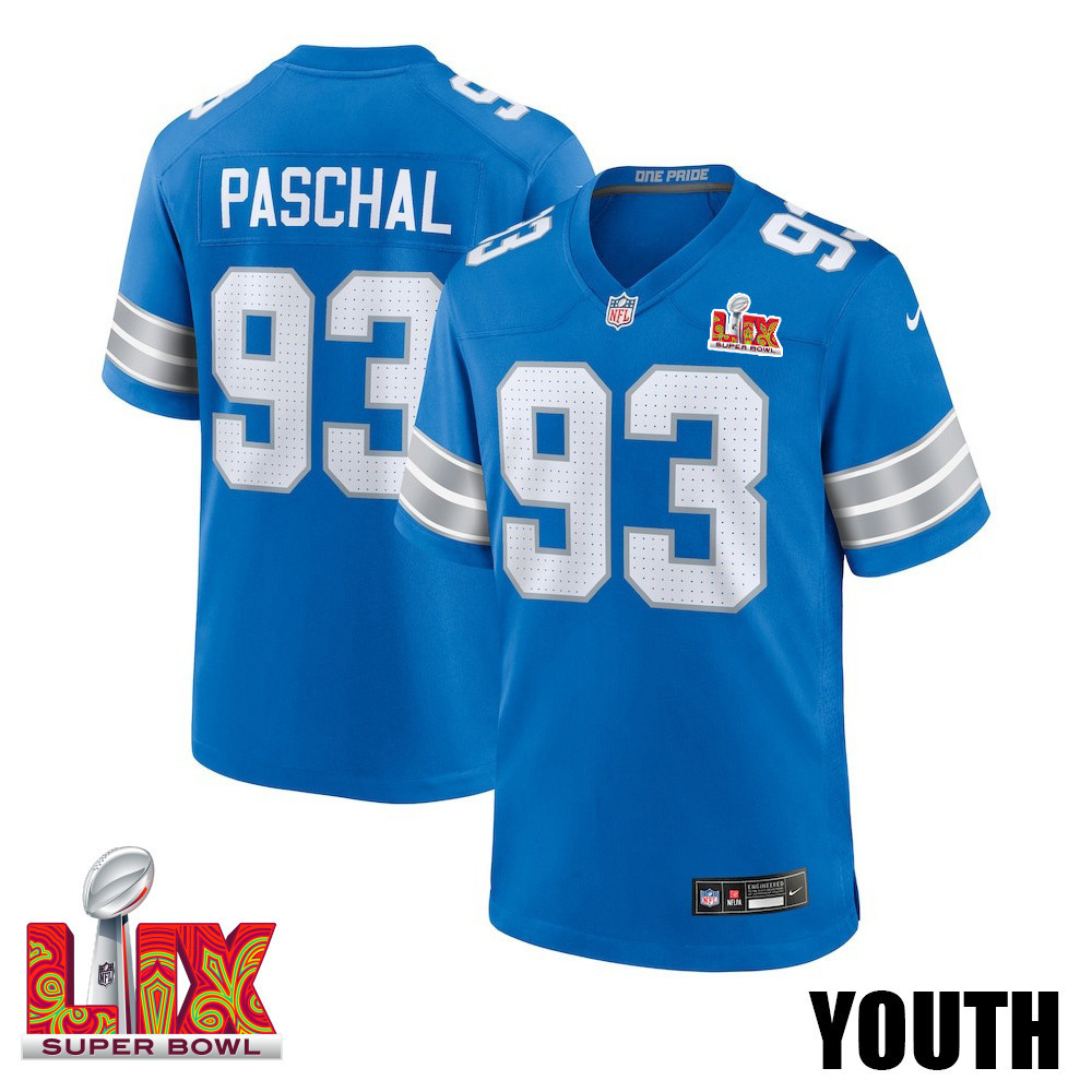 Josh Paschal #93 Detroit Lions Super Bowl LIX YOUTH Jersey - Blue JS7362 Saliibo