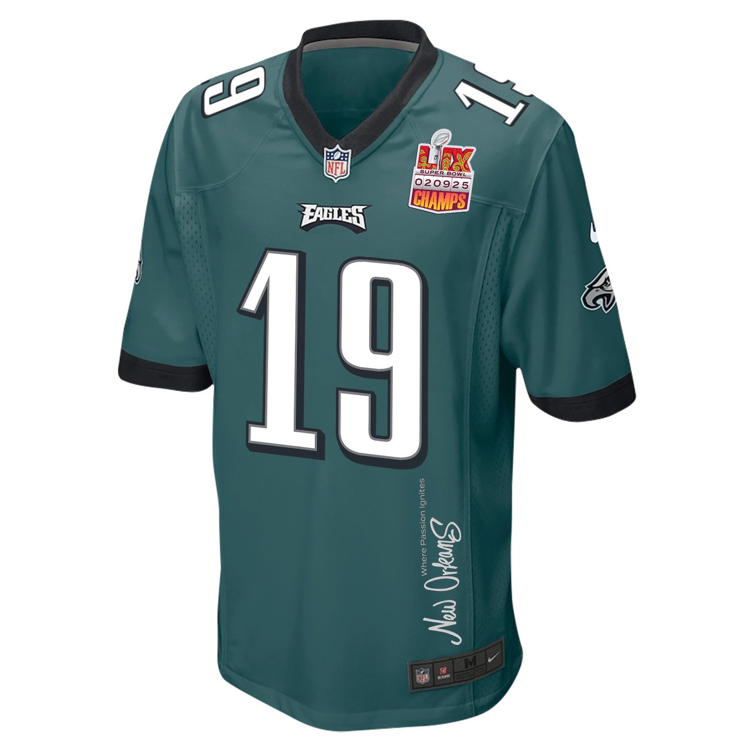 Josh Sweat 19 Philadelphia Eagles Super Bowl LIX Champions Patch 'New Orleans - Where Passion Ignites' EMBROIDERED Game Men Jersey - Midnight Green JS6549 Saliibo - Image 3
