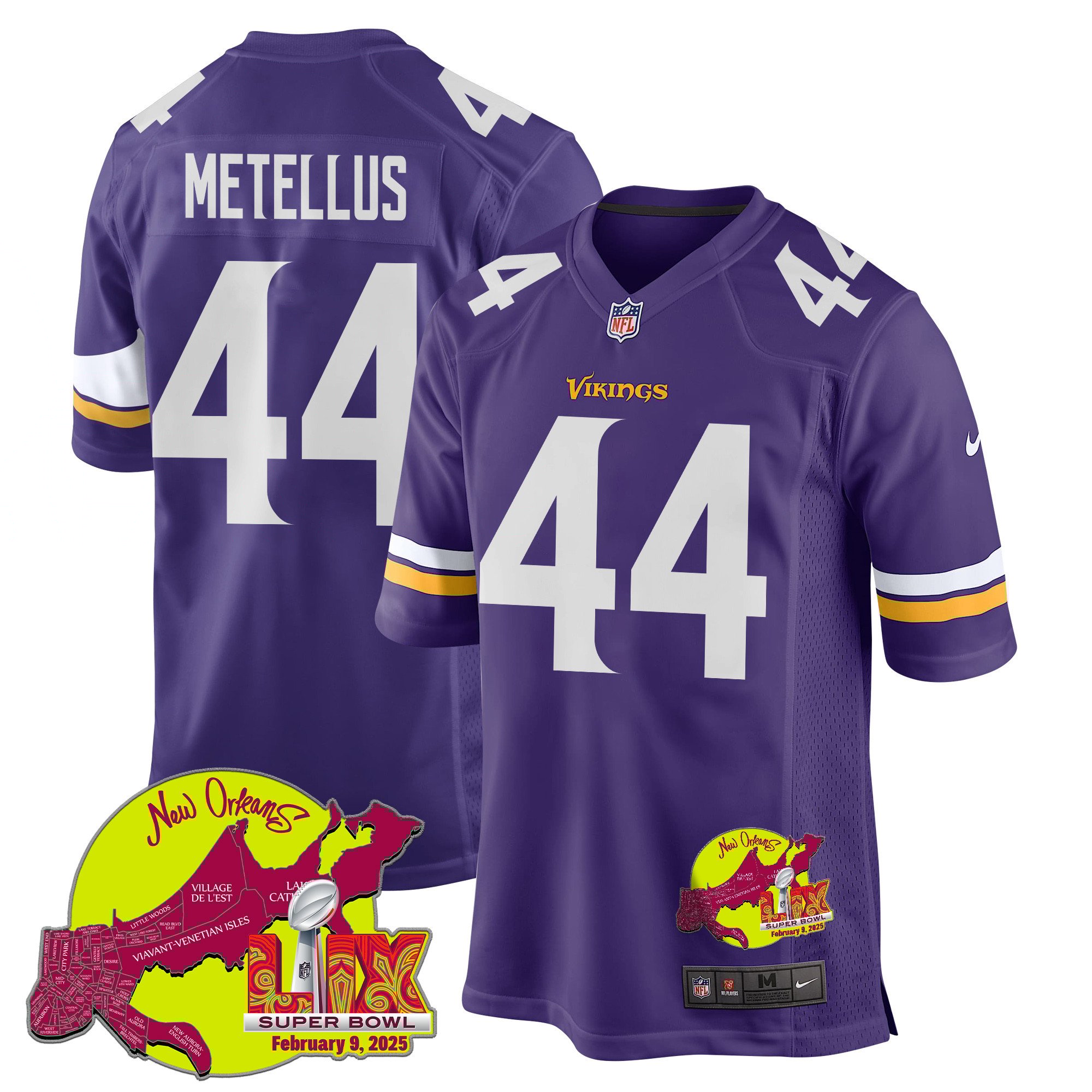 Joshua Metellus 44 Minnesota Vikings Super Bowl LIX New Orleans Patch Game Men Jersey - Purple JS6831 Saliibo
