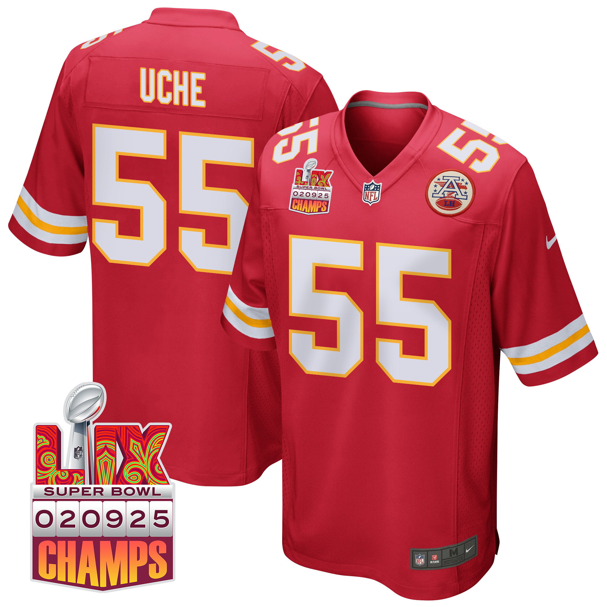 Joshua Uche 55 Kansas City Chiefs Super Bowl LIX Champions Patch Game Men Jersey - Red JS1594 Saliibo