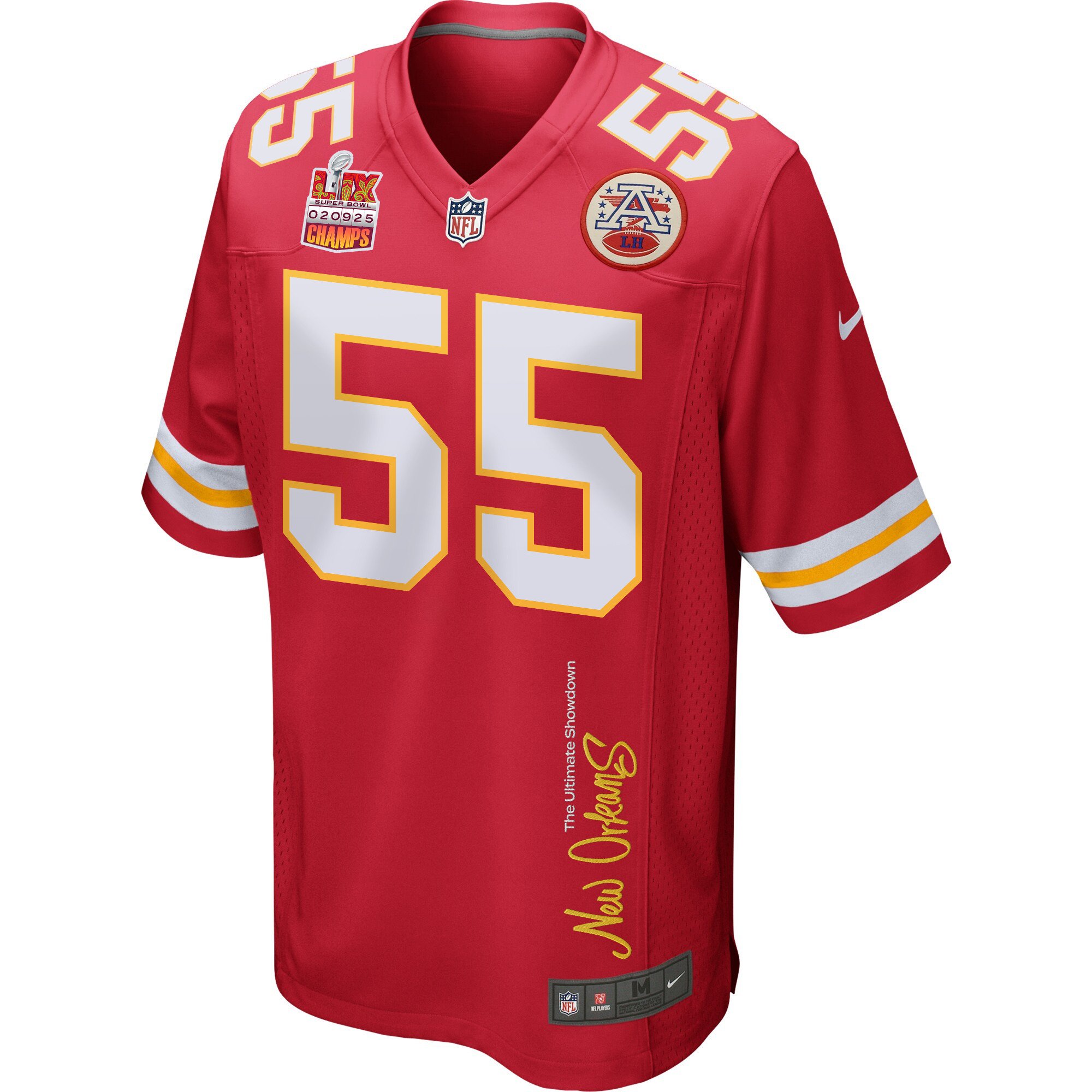 Joshua Uche 55 Kansas City Chiefs Super Bowl LIX Champions Patch 'New Orleans - The Ultimate Showdown' EMBROIDERED Game Men Jersey - Red JS3598 Saliibo - Image 3