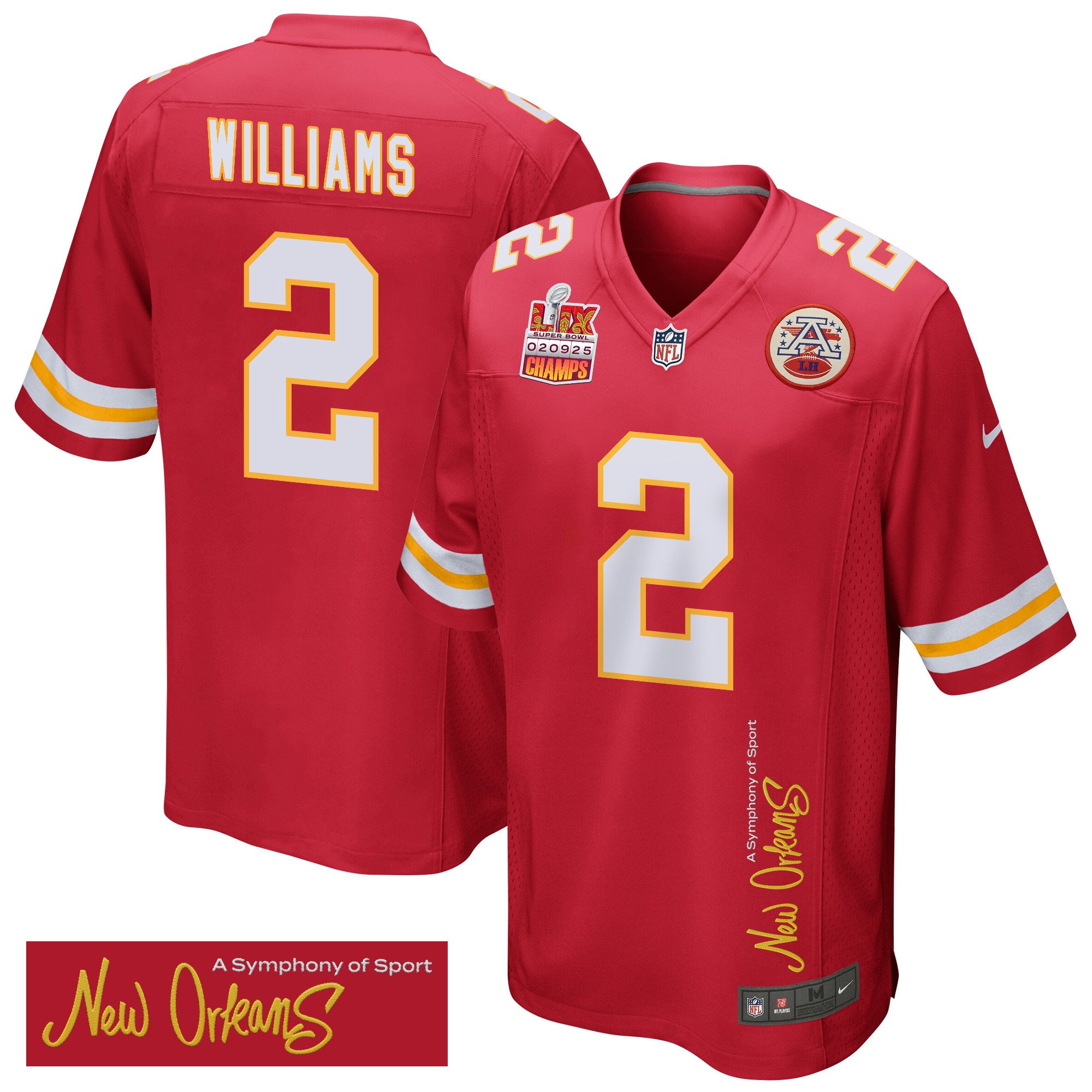 Joshua Williams 2 Kansas City Chiefs Super Bowl LIX Champions Patch 'New Orleans - A Symphony of Sport' EMBROIDERED Game Men Jersey - Red JS5782 Saliibo