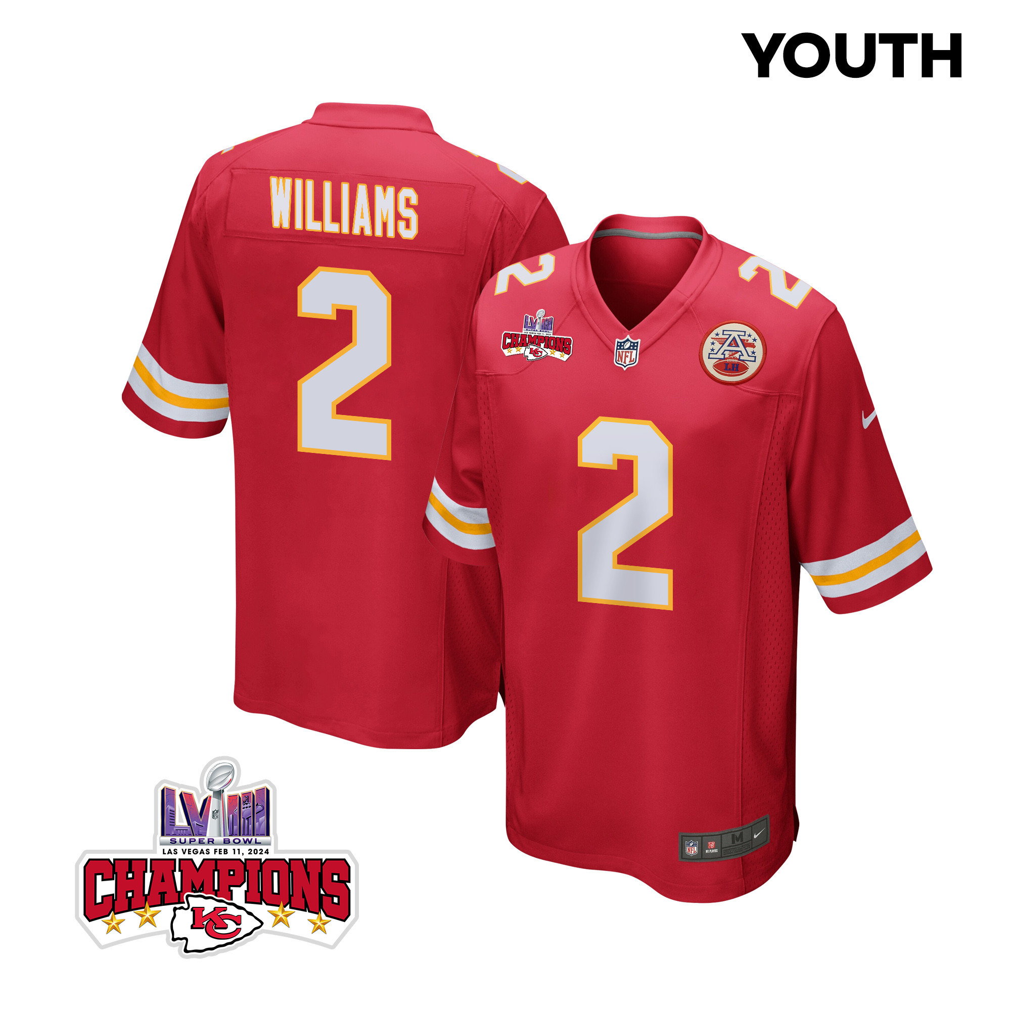 Joshua Williams 2 Kansas City Chiefs Super Bowl LVIII Champions 4 Stars Patch Game YOUTH Jersey - Red JS5281 Saliibo
