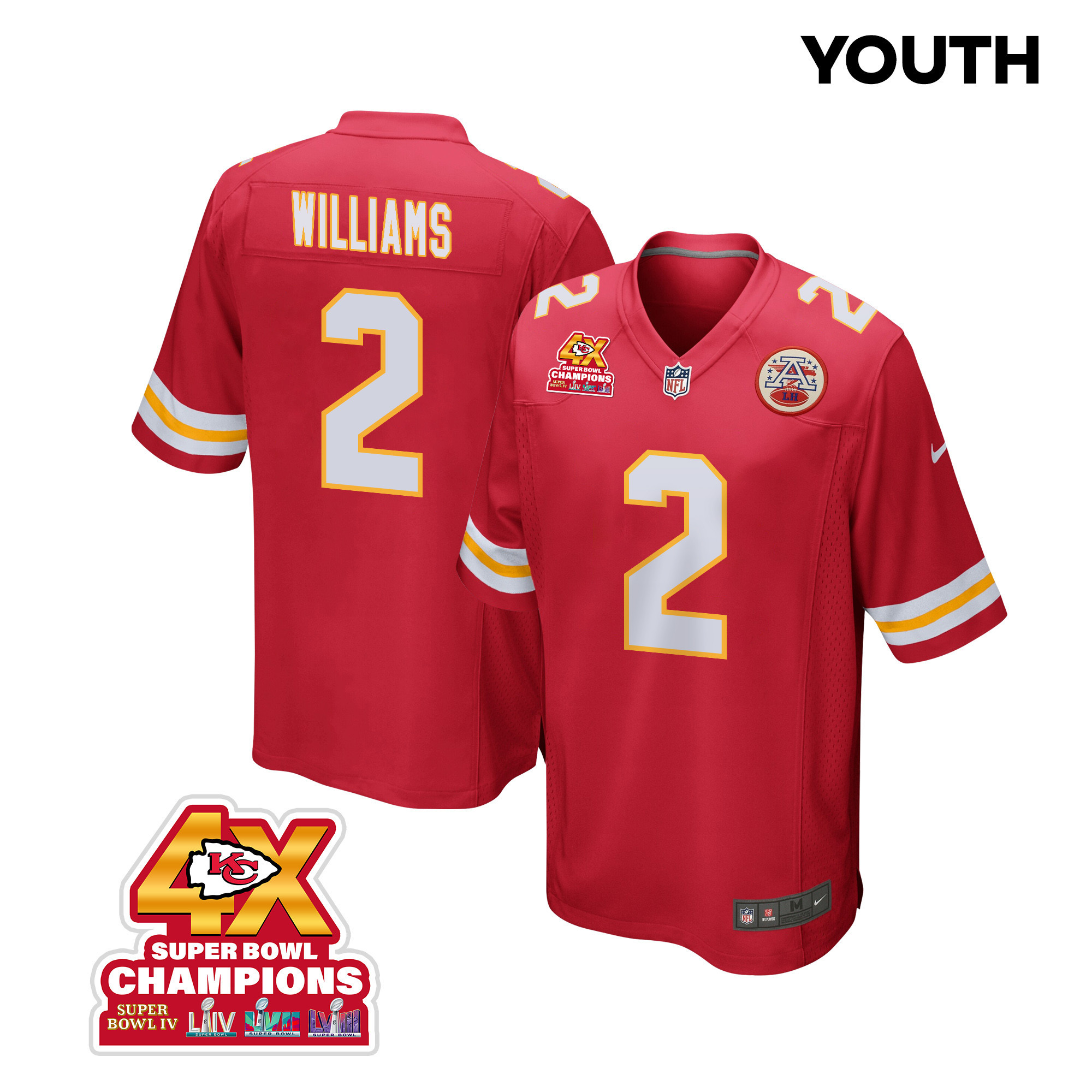 Joshua Williams 2 Kansas City Chiefs Super Bowl LVIII Champions 4X Game YOUTH Jersey - Red JS9755 Saliibo