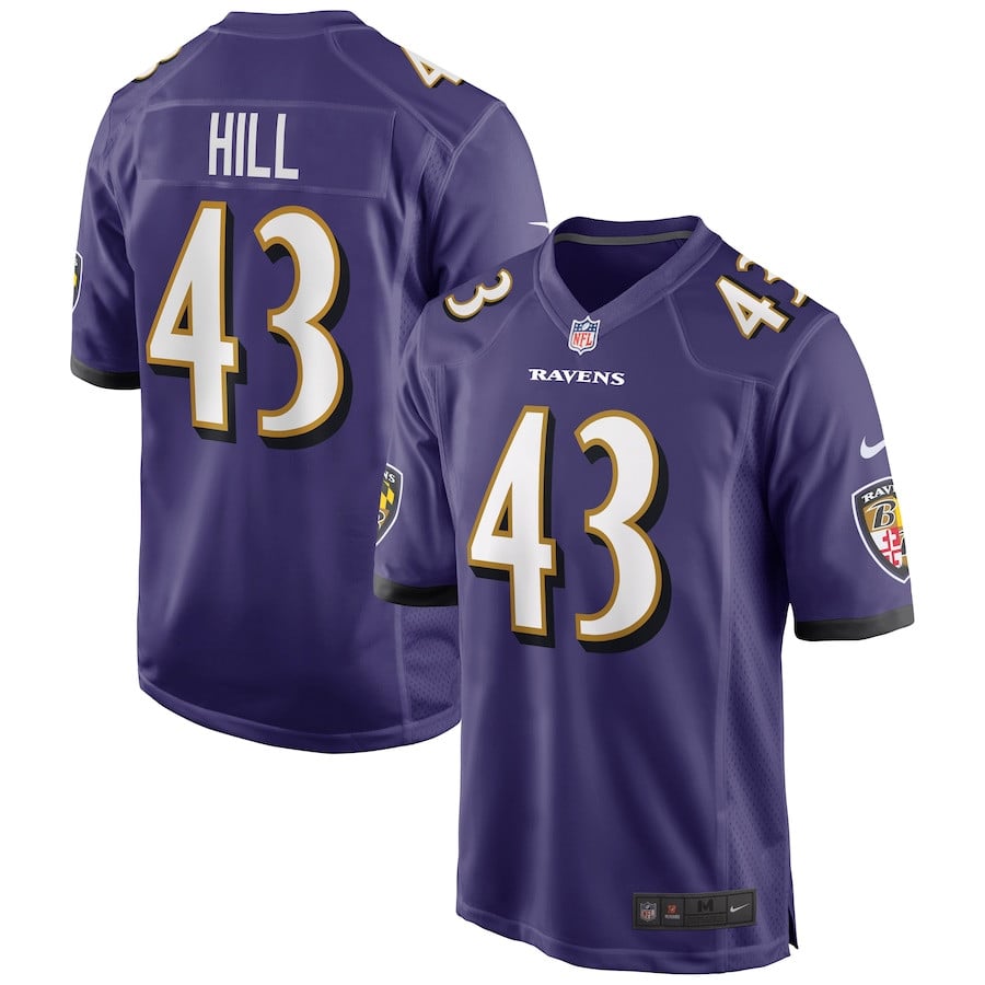 Justice Hill 43 Baltimore Ravens Men Game Jersey - Purple JS9899 Saliibo