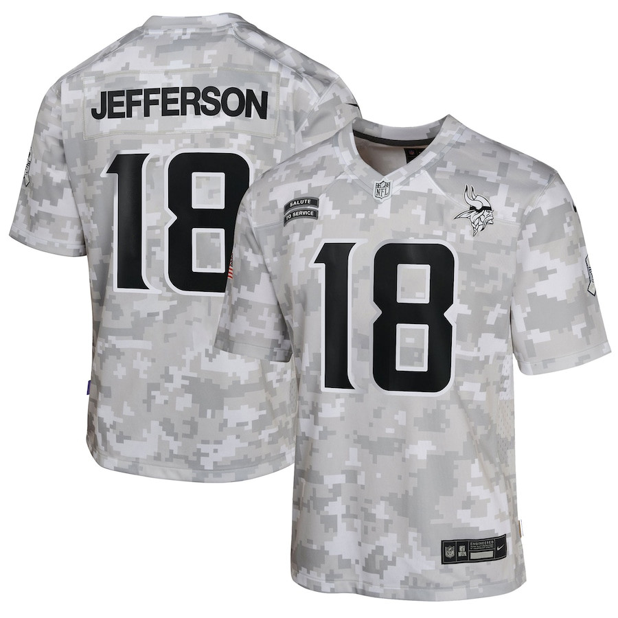 Justin Jefferson 18 Minnesota Vikings 2024 Salute to Service Game YOUTH Jersey - Arctic Camo JS1818 Saliibo