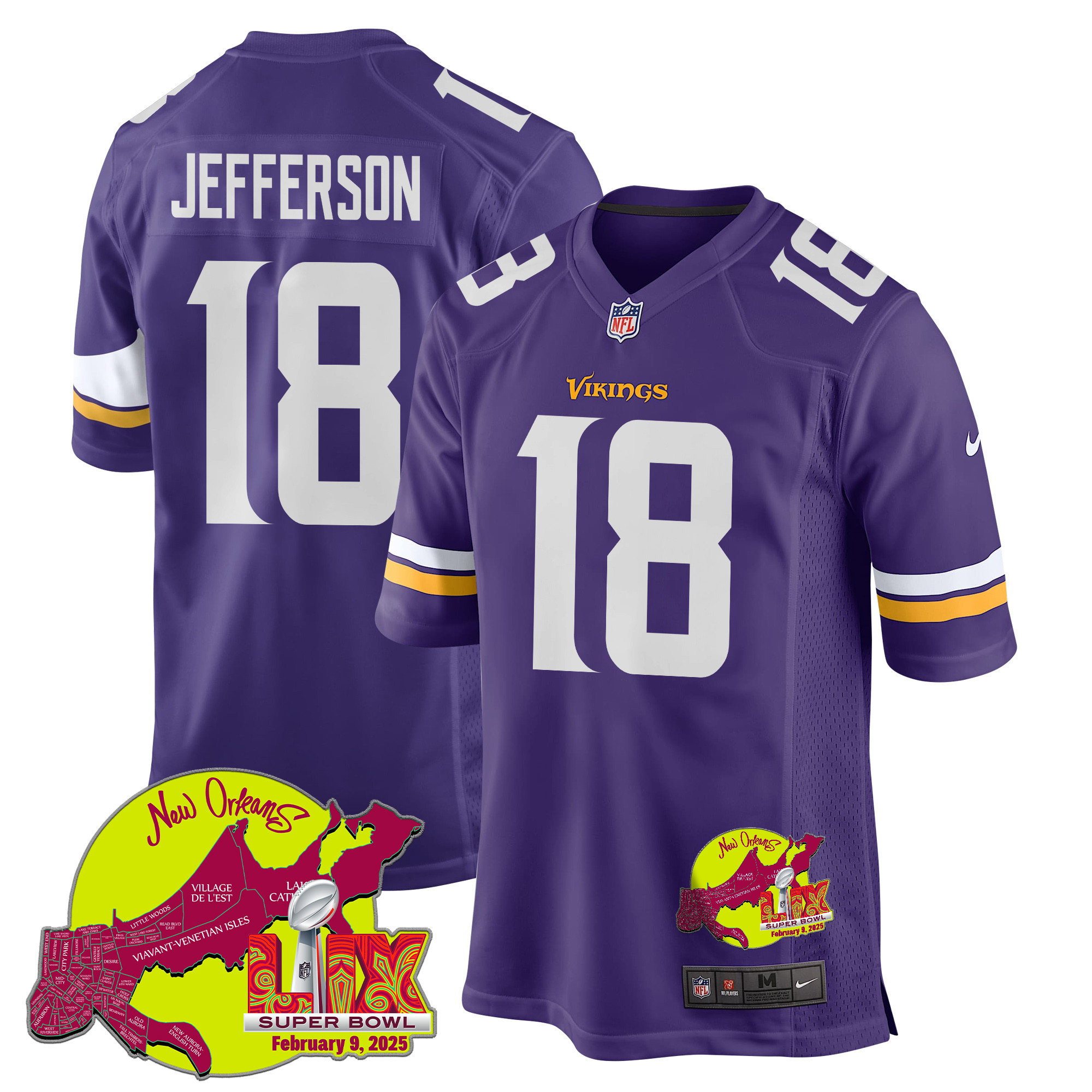 Justin Jefferson 18 Minnesota Vikings Super Bowl LIX New Orleans Patch Game Men Jersey - Purple JS8059 Saliibo