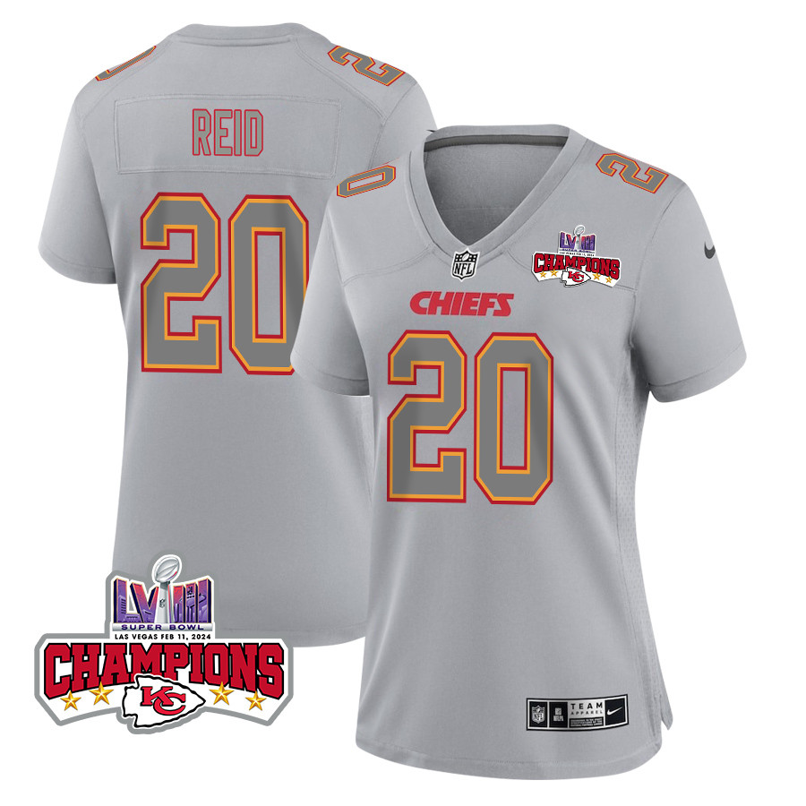 Justin Reid 20 Kansas City Chiefs Super Bowl LVIII Champions 4 Stars Patch Atmosphere Fashion Game Women Jersey - Gray JS2137 Saliibo