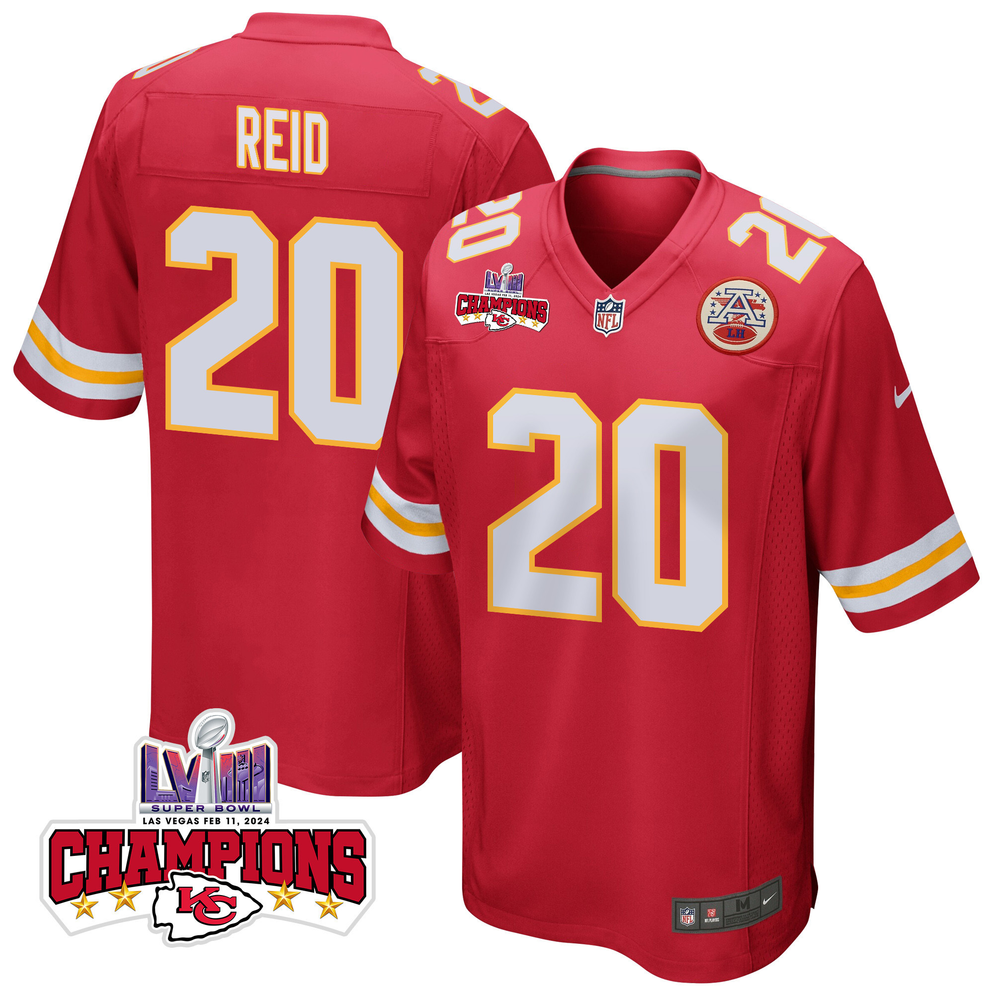 Justin Reid 20 Kansas City Chiefs Super Bowl LVIII Champions 4 Stars Patch Game Men Jersey - Red JS8265 Saliibo