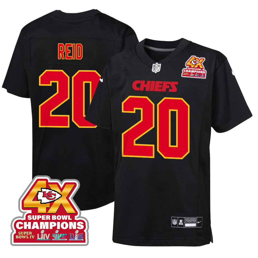 Justin Reid 20 Kansas City Chiefs Super Bowl LVIII Champions 4X Fashion Game YOUTH Jersey - Carbon Black JS9228 Saliibo