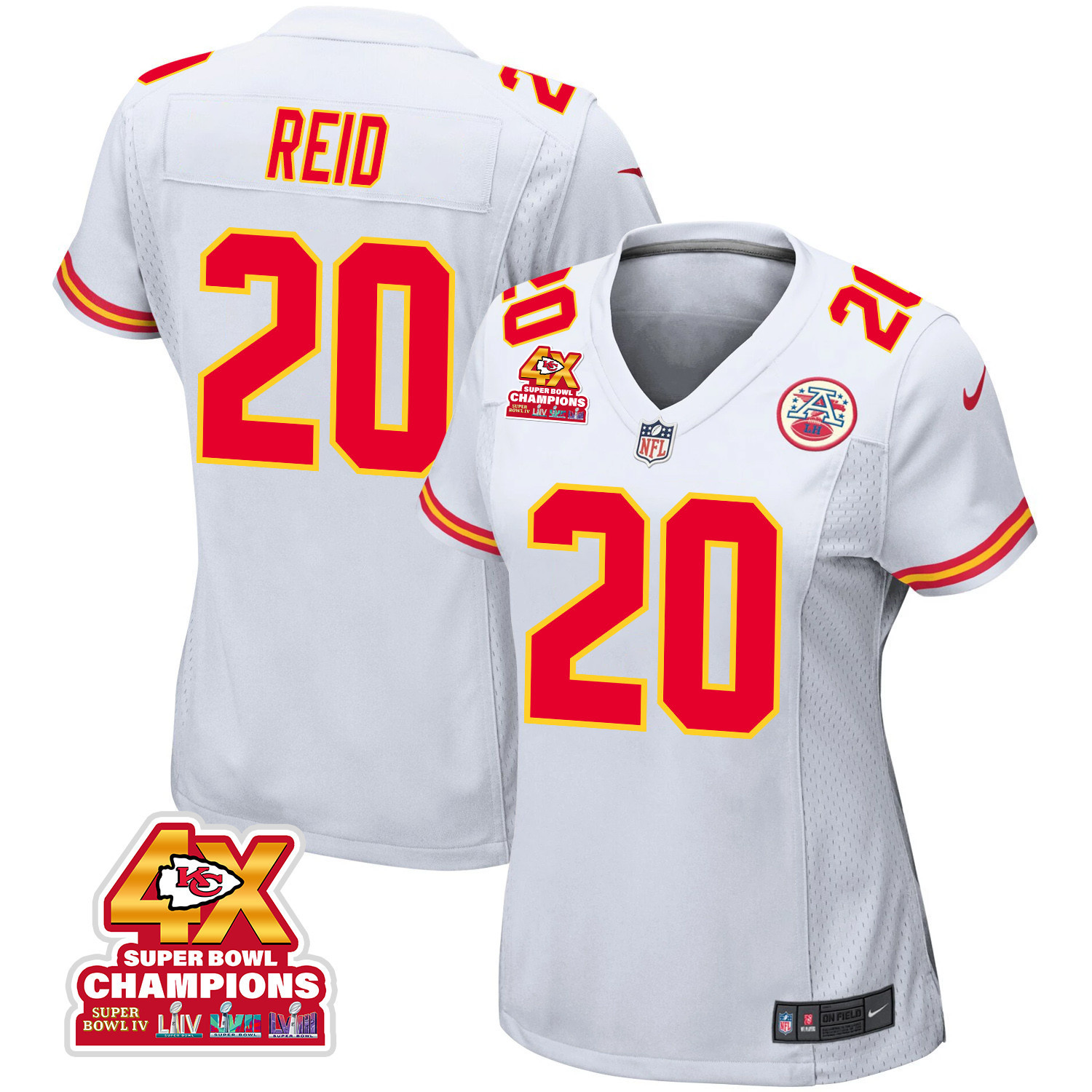 Justin Reid 20 Kansas City Chiefs Super Bowl LVIII Champions 4X Game Women Jersey - White JS3301 Saliibo