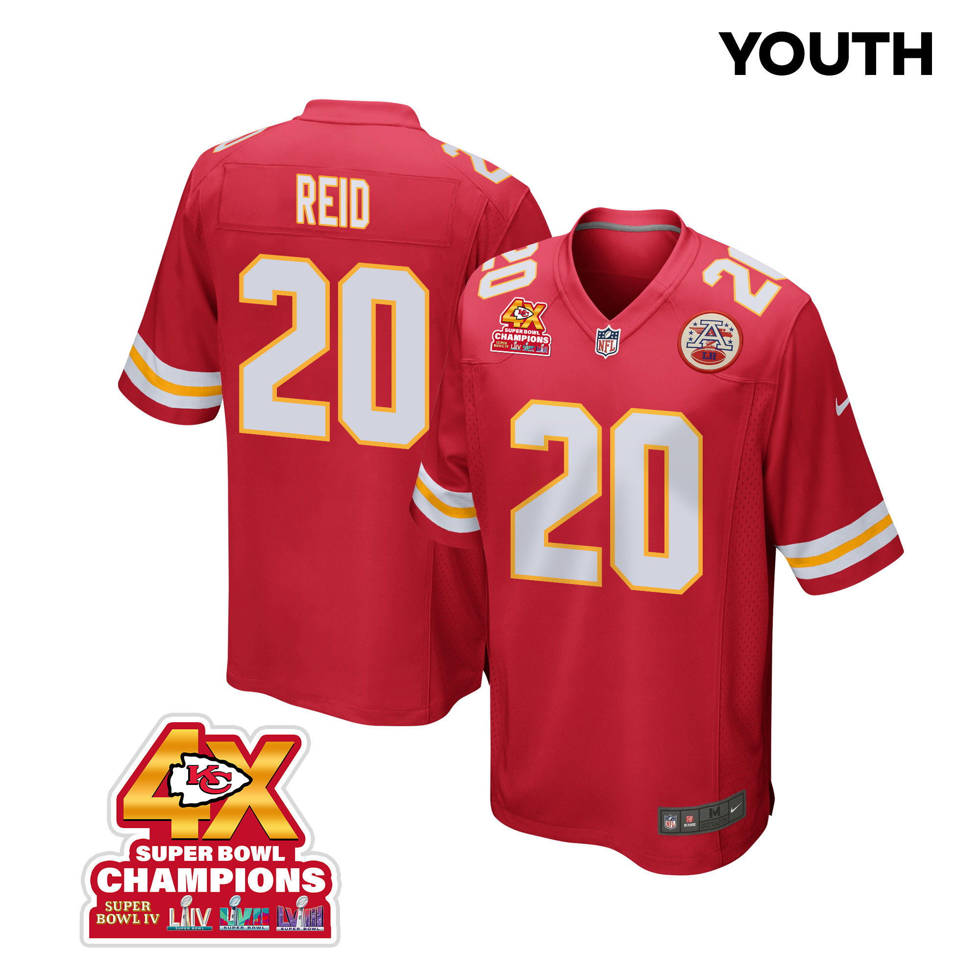 Justin Reid 20 Kansas City Chiefs Super Bowl LVIII Champions 4X Game YOUTH Jersey - Red JS7952 Saliibo